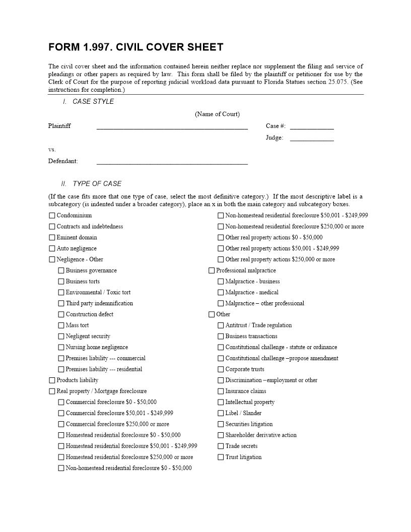 Civil Cover Sheet {CIT-CCS} | Pdf Fpdf Docx | Florida