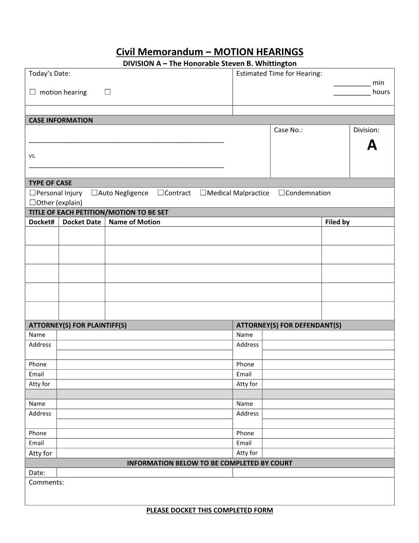Civil Memorandum - Motion Hearings (Division A Judge Whittington) | Pdf Fpdf Docx | Florida