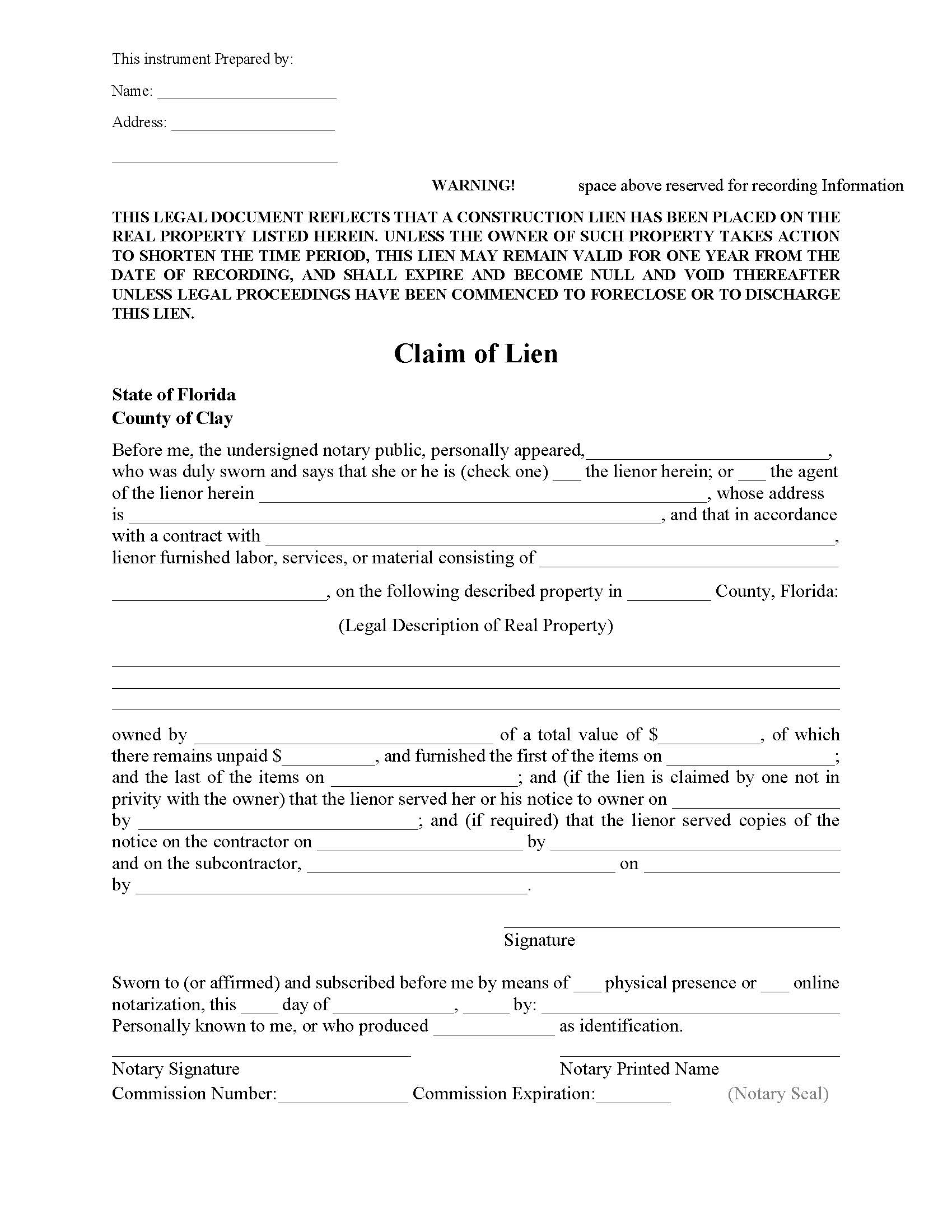 Claim Of Lien | Pdf Fpdf Docx | Florida
