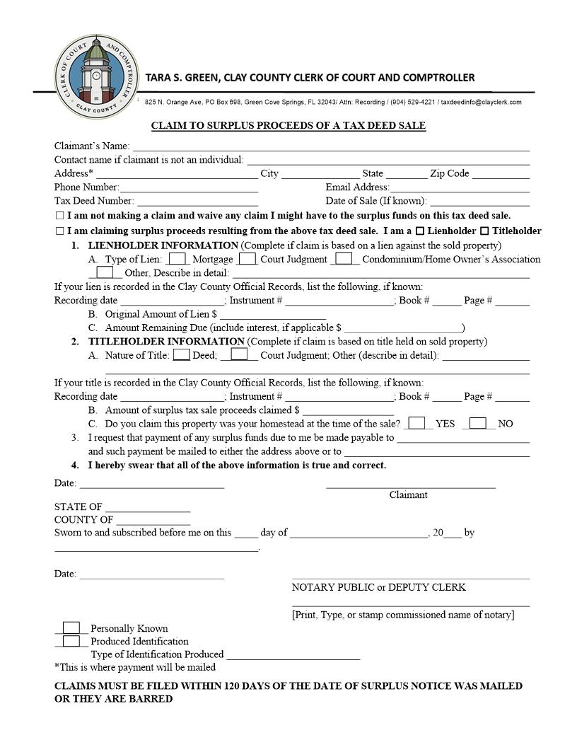 Claim To Surplus Proceeds Of A Tax Deed Sale | Pdf Fpdf Docx | Florida