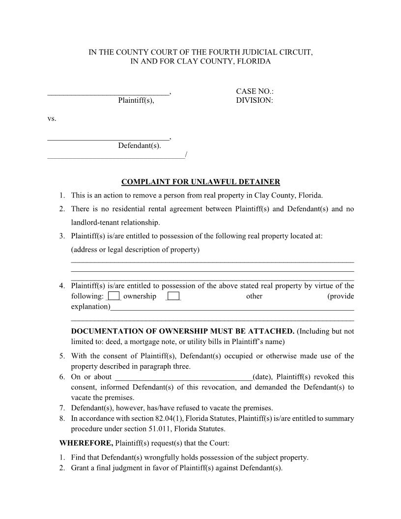 Complaint For Unlawful Detainer | Pdf Fpdf Docx | Florida