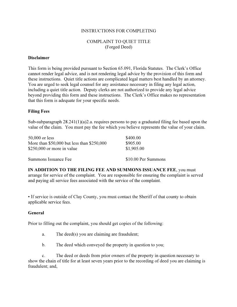 Complaint To Quiet Title (Forged Deed) | Pdf Fpdf Docx | Florida