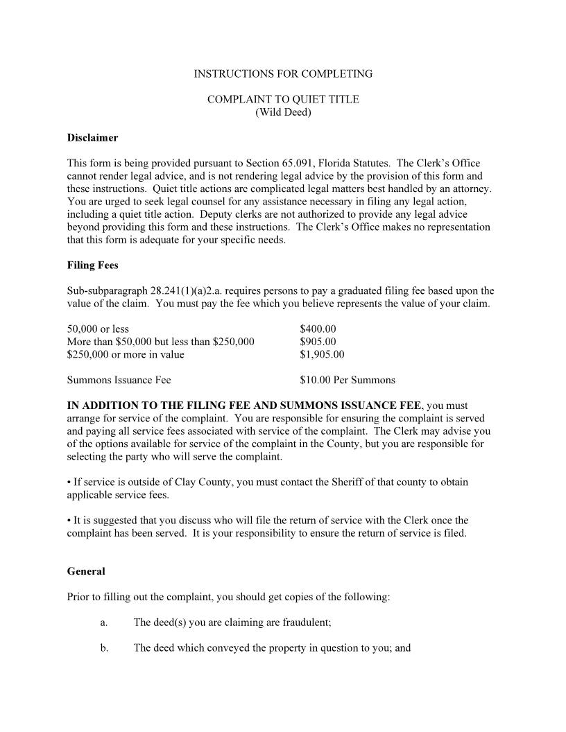 Complaint To Quiet Title (Wild Deed) | Pdf Fpdf Docx | Florida