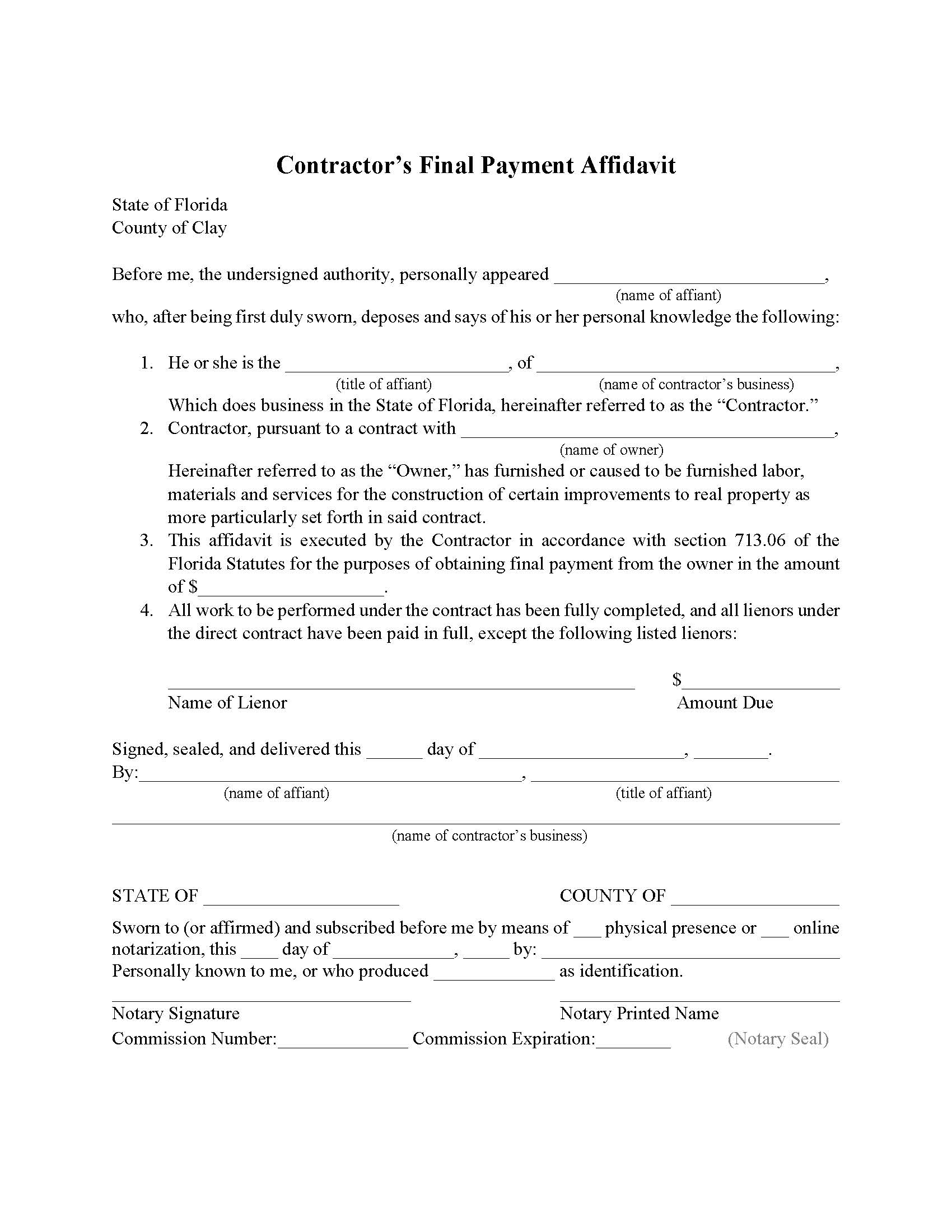 Contractors Final Payment Affidavit | Pdf Fpdf Docx | Florida