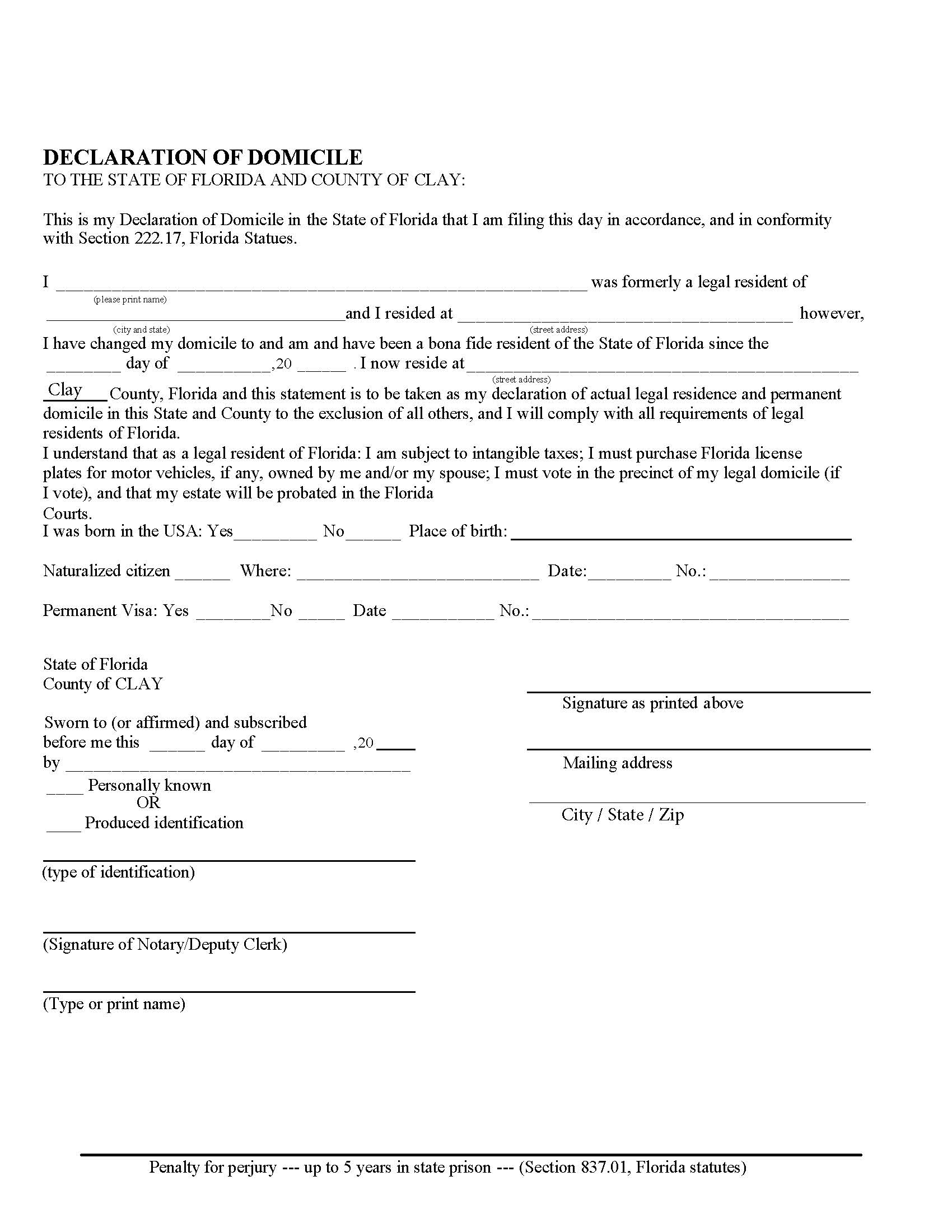 Declaration Of Domicile | Pdf Fpdf Doc Docx | Florida