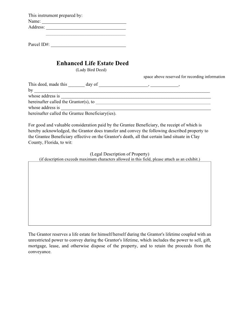 Enhanced Life Estate Deed (Lady Bird Deed) | Pdf Fpdf Docx | Florida