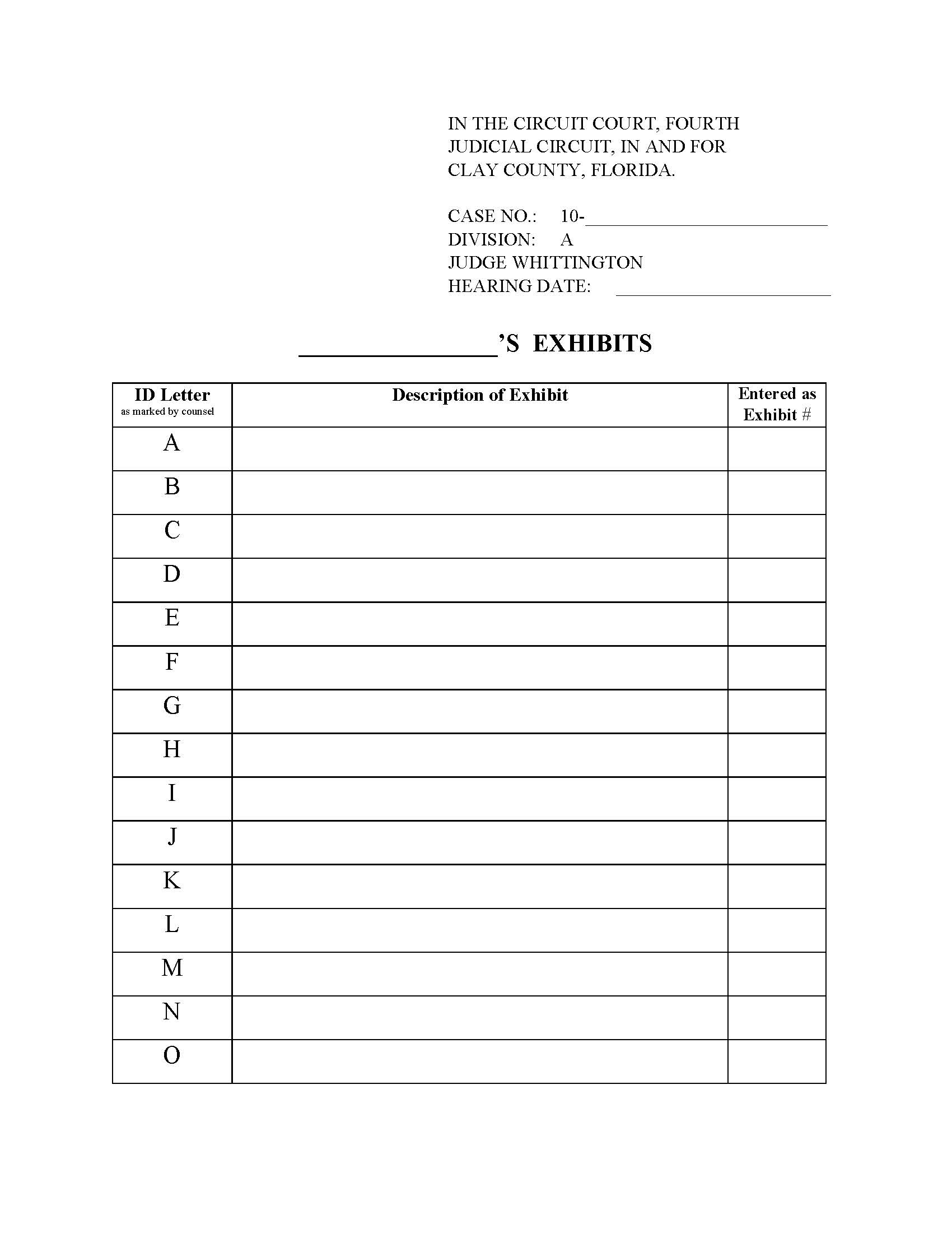 Exhibit List (Division A Judge Whittington) | Pdf Fpdf Docx | Florida