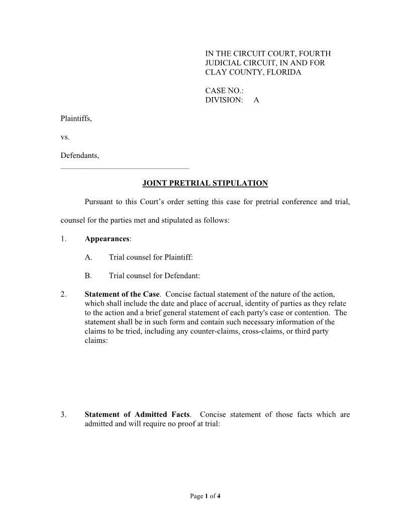 Joint Pretrial Stipulation (Division A Judge Whittington) | Pdf Fpdf Docx | Florida