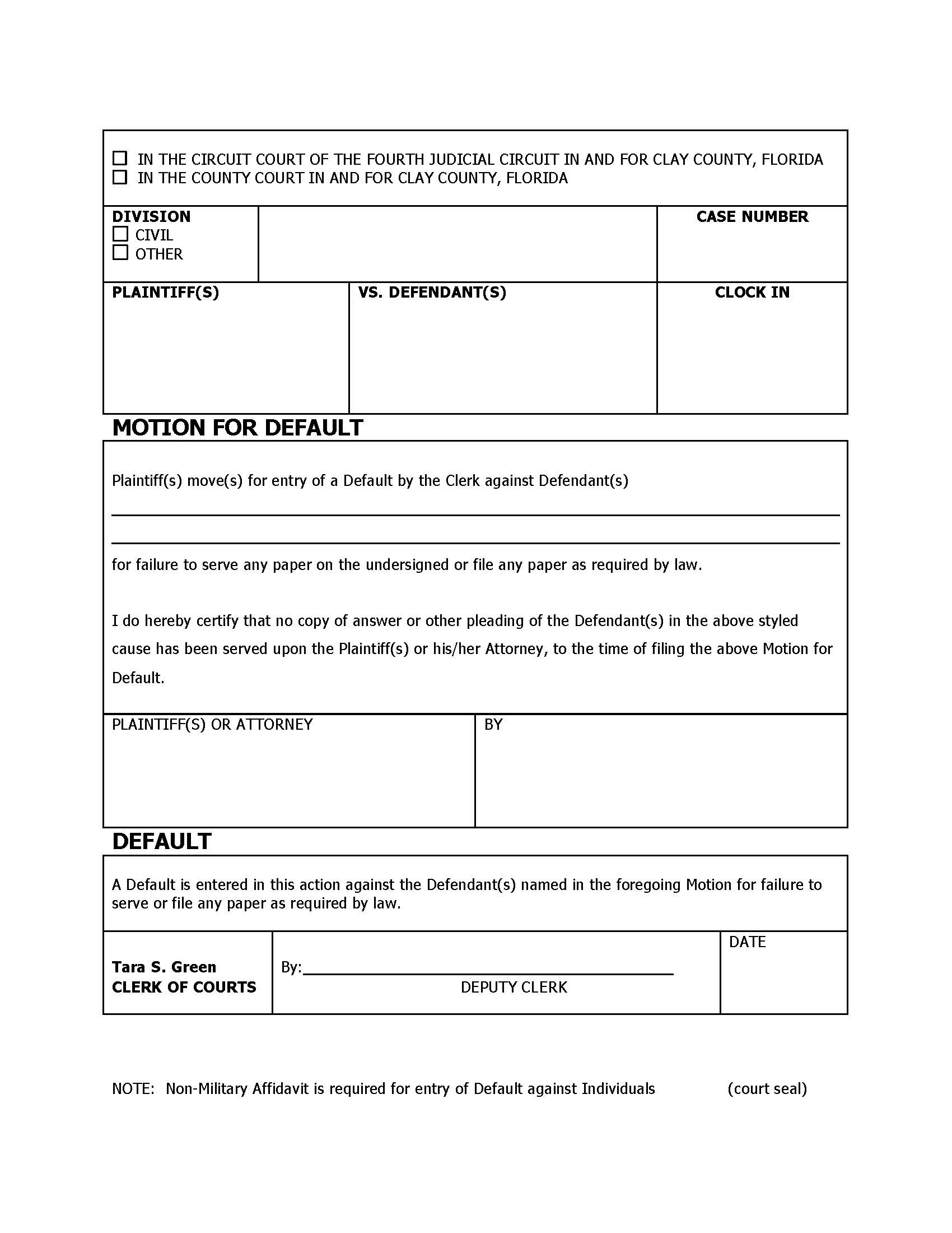 Motion For Default (Civil Court Or County Court) | Pdf Fpdf Doc Docx | Florida