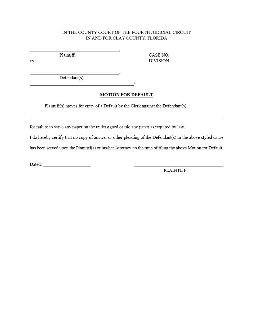 Motion For Default (County) {CIT-MD-C} | Pdf Fpdf Docx | Florida