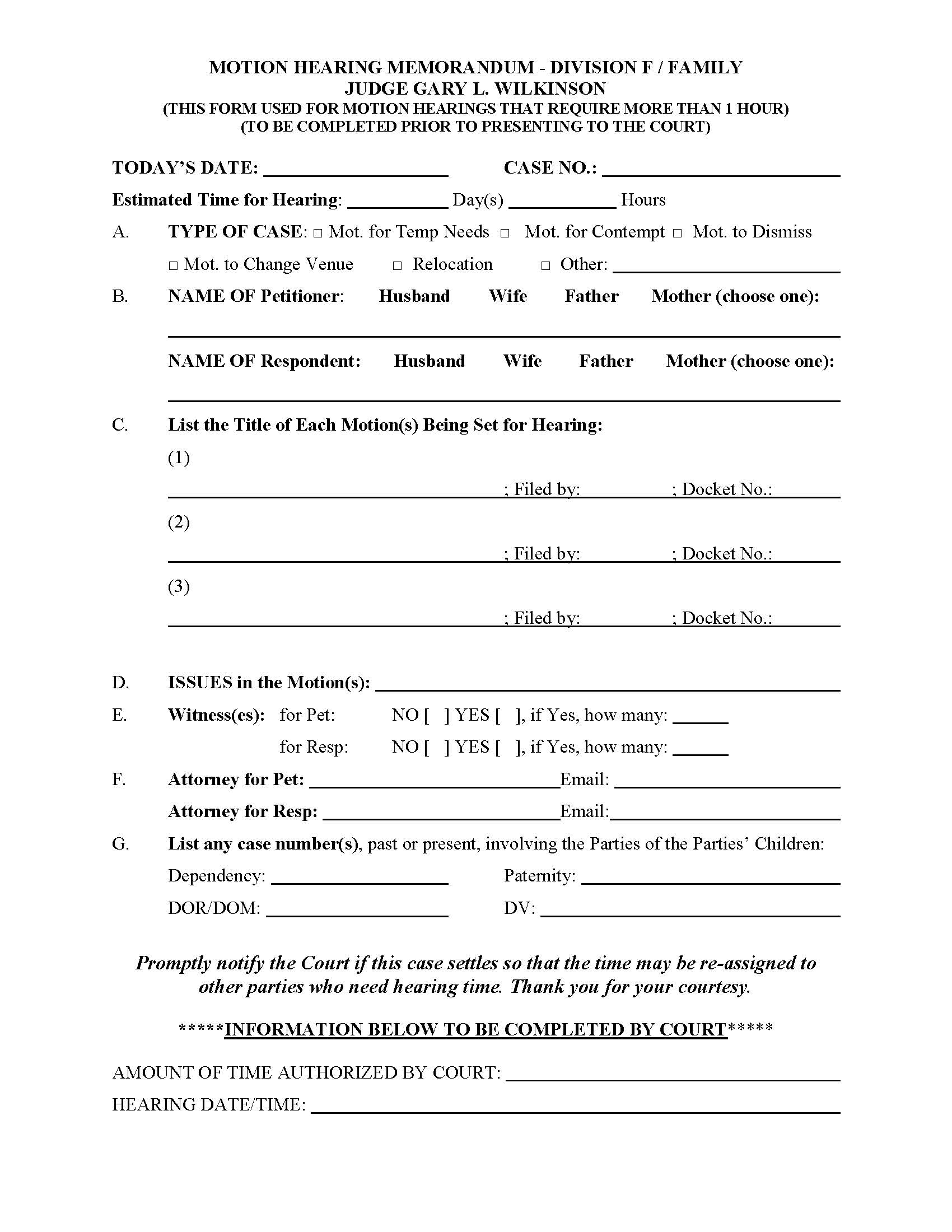 Motion Set Memorandum (Judge Wilkinson) | Pdf Fpdf Docx | Florida