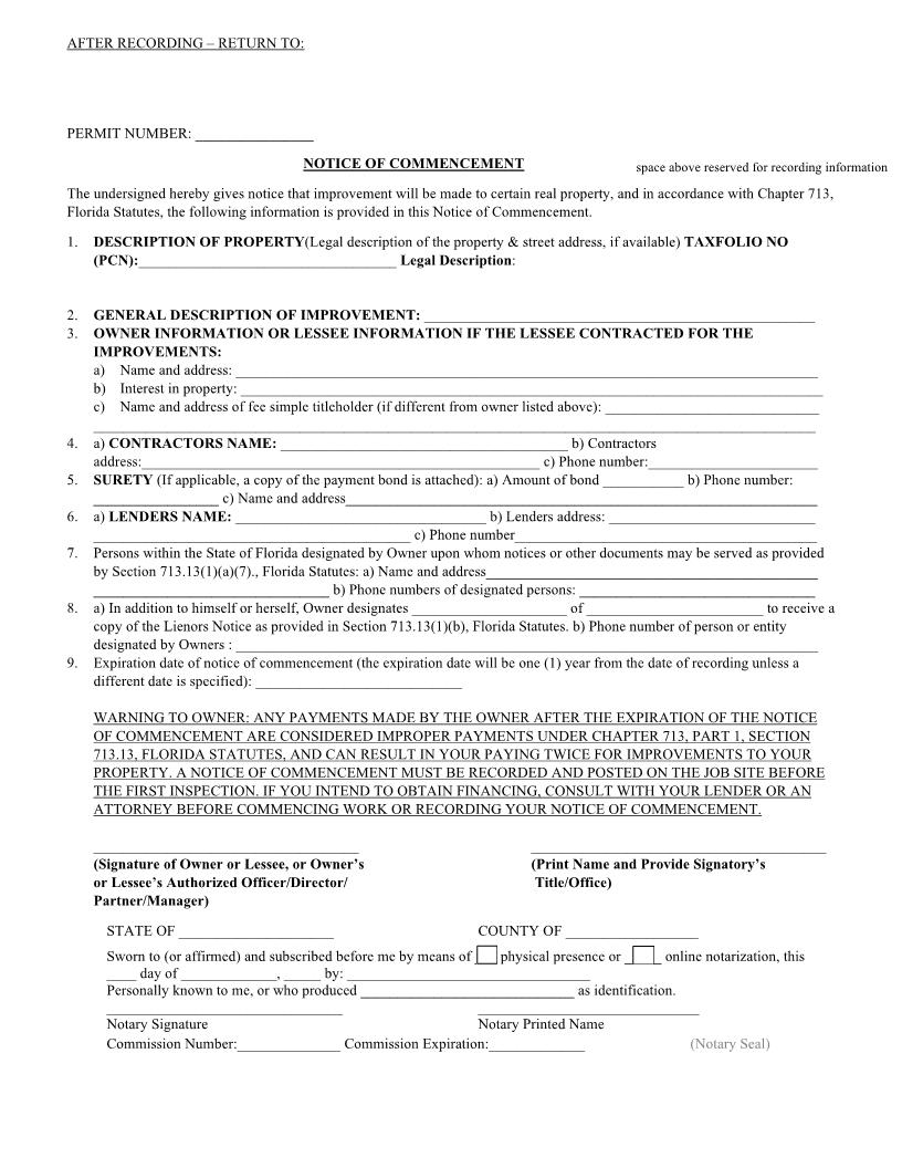 Notice Of Commencement | Pdf Fpdf Docx | Florida