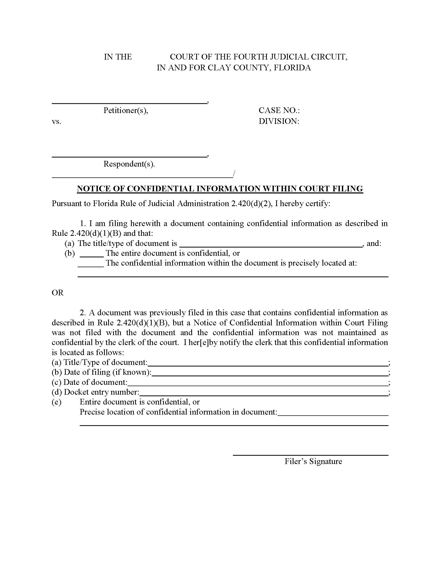 Notice Of Confidential Information Within Court Filing | Pdf Fpdf Docx | Florida