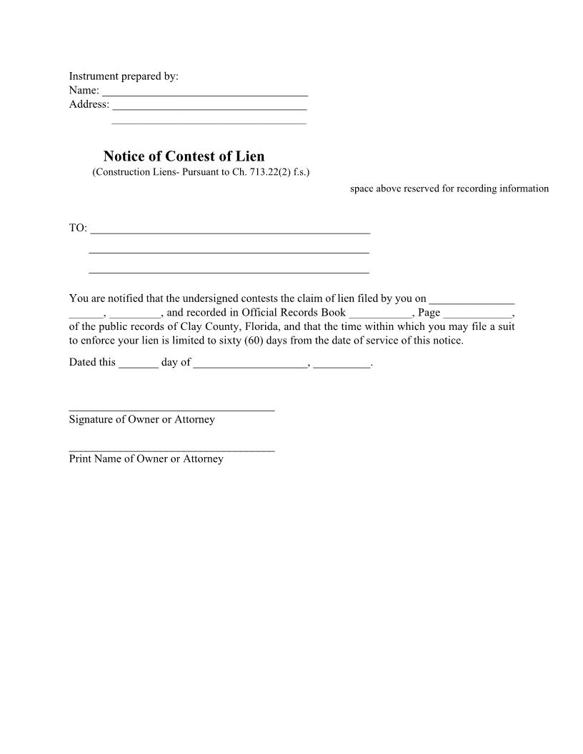 Notice Of Contest Of Lien (Construction) | Pdf Fpdf Docx | Florida