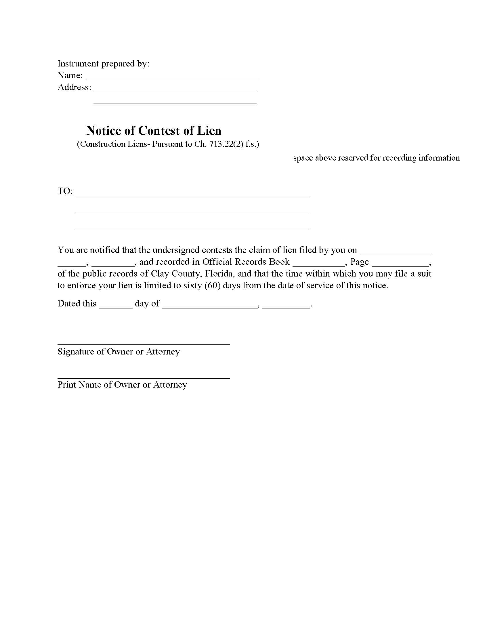 Notice Of Contest Of Lien (Construction) | Pdf Fpdf Docx | Florida