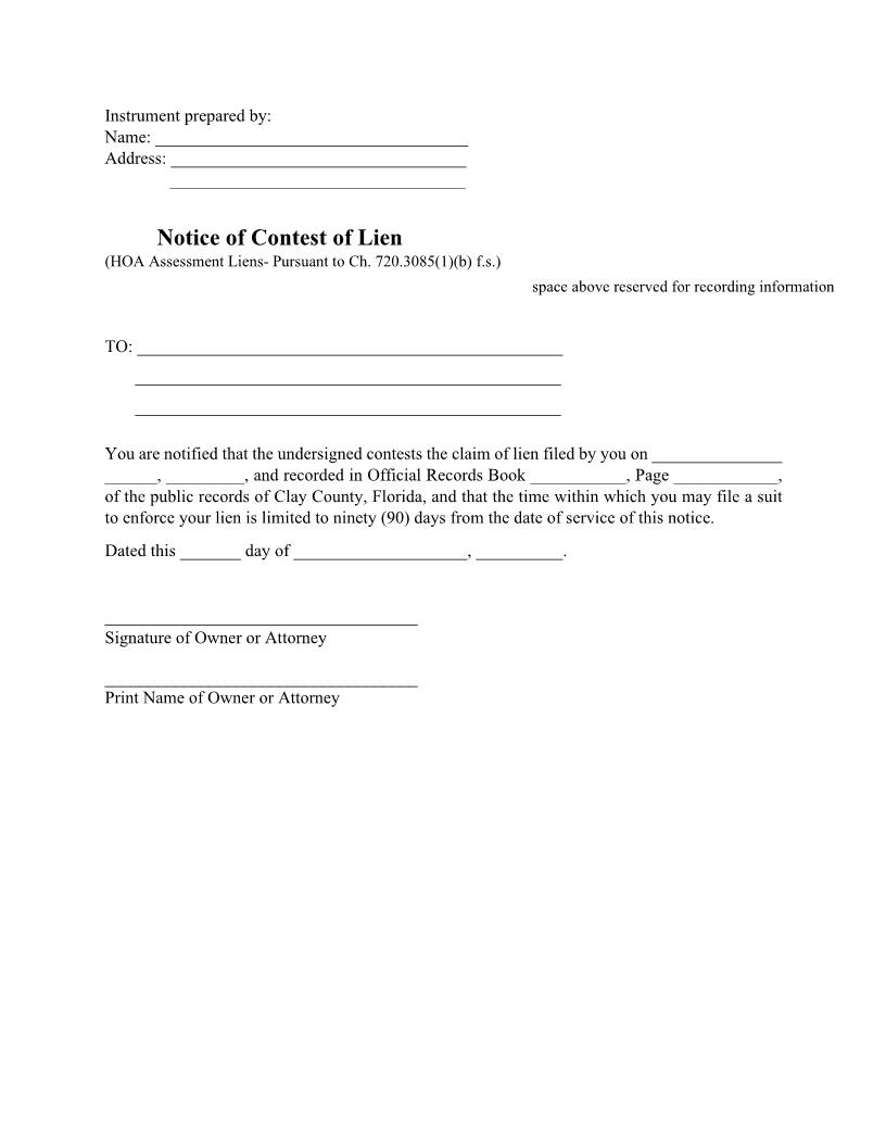 Notice Of Contest Of-Lien (HOA Assessment) | Pdf Fpdf Docx | Florida