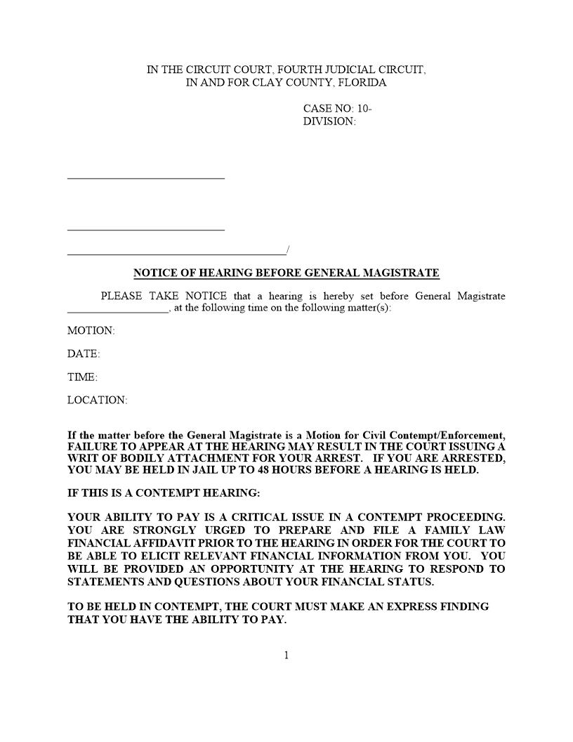 Notice Of Hearing Before General Magistrate (In Person) | Pdf Fpdf Docx | Florida