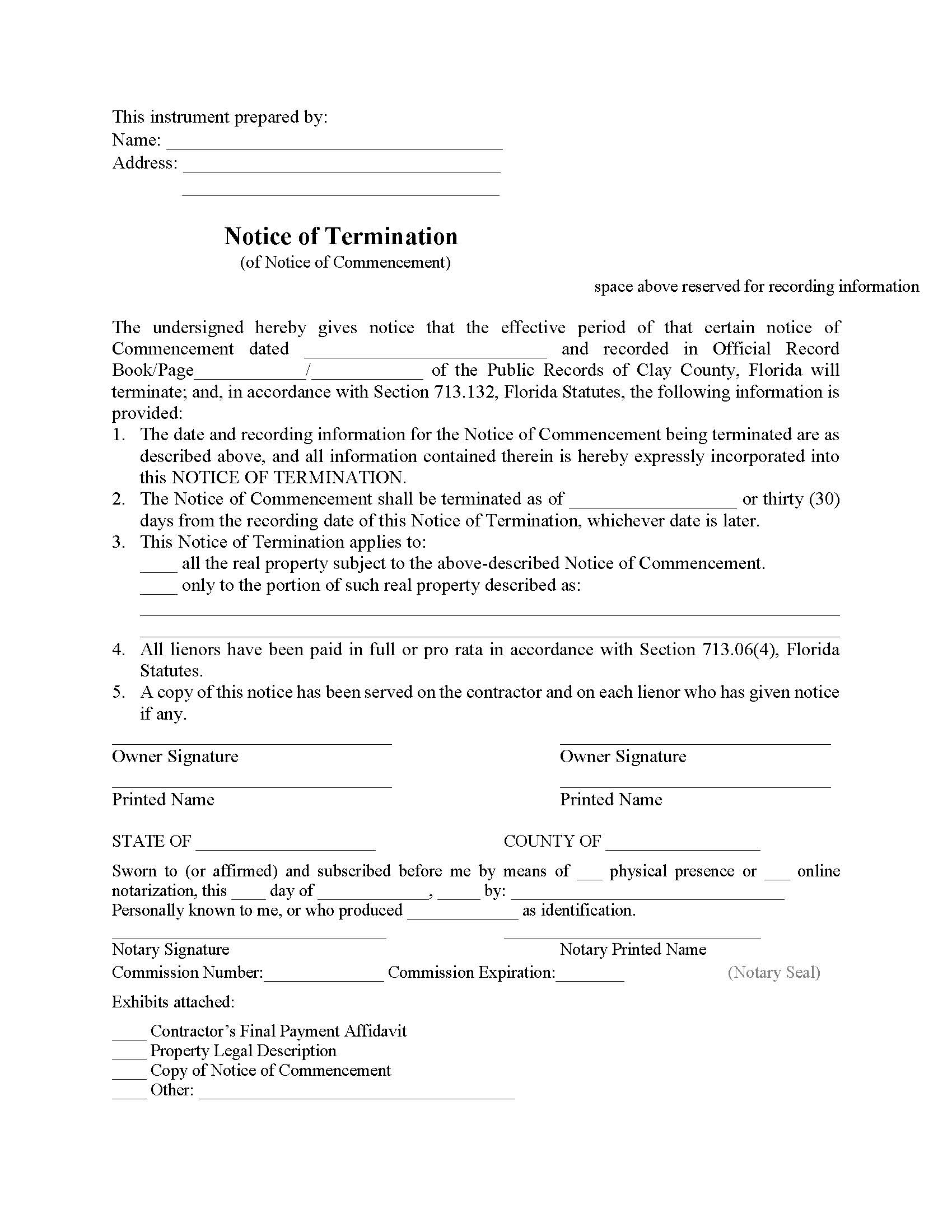 Notice Of Termination (Of Notice Of Commencement) | Pdf Fpdf Docx | Florida