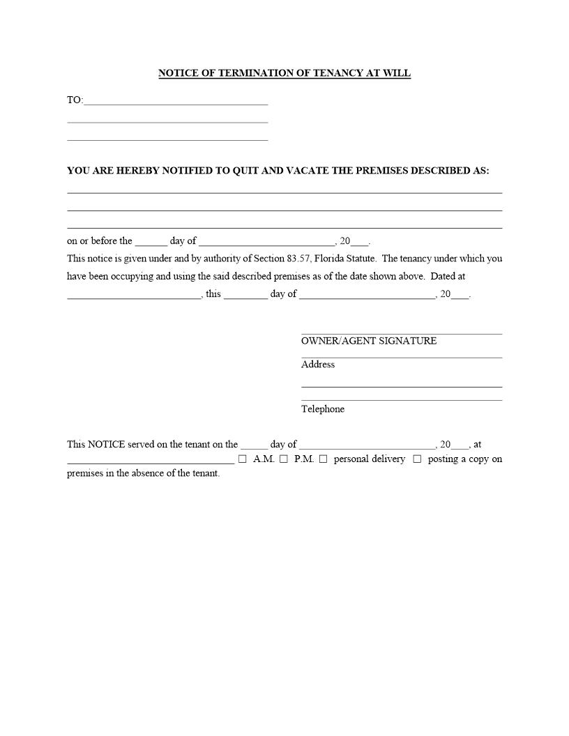 Notice Of Termination Of Tenancy At Will | Pdf Fpdf Docx | Florida