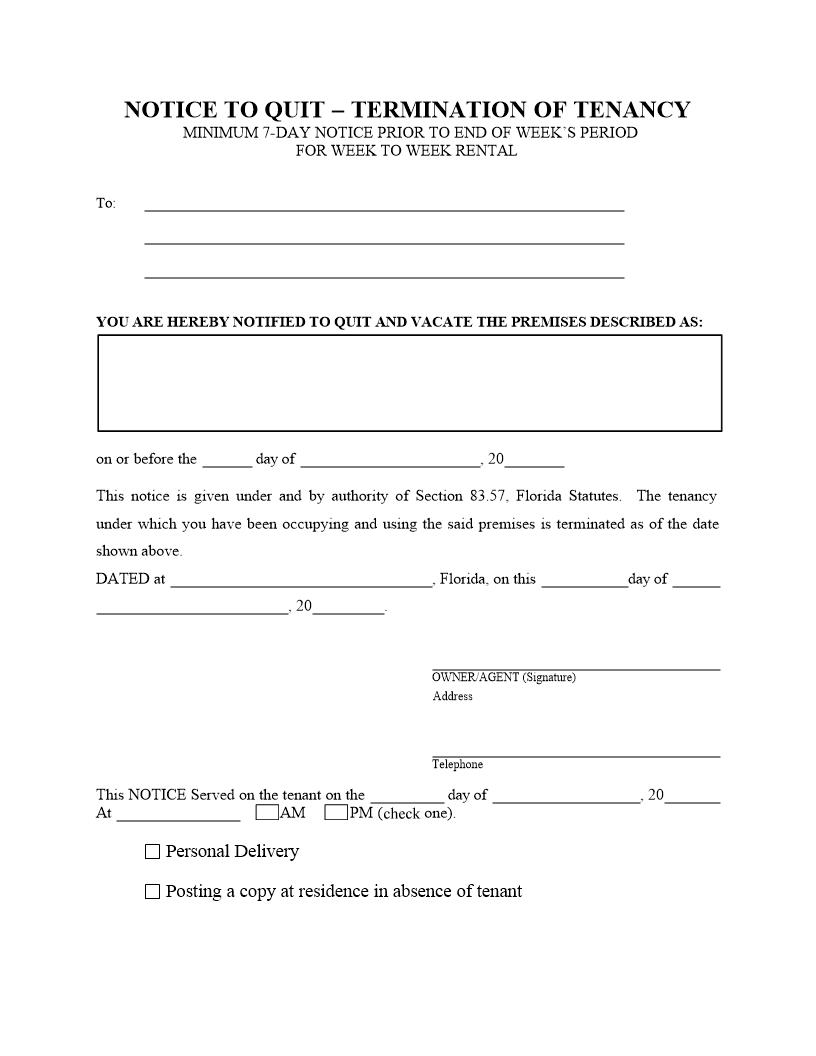 Notice To Quit - Termination Of Tenancy (Minimum 7 Day Notice) {CIT-NQ_7} | Pdf Fpdf Docx | Florida