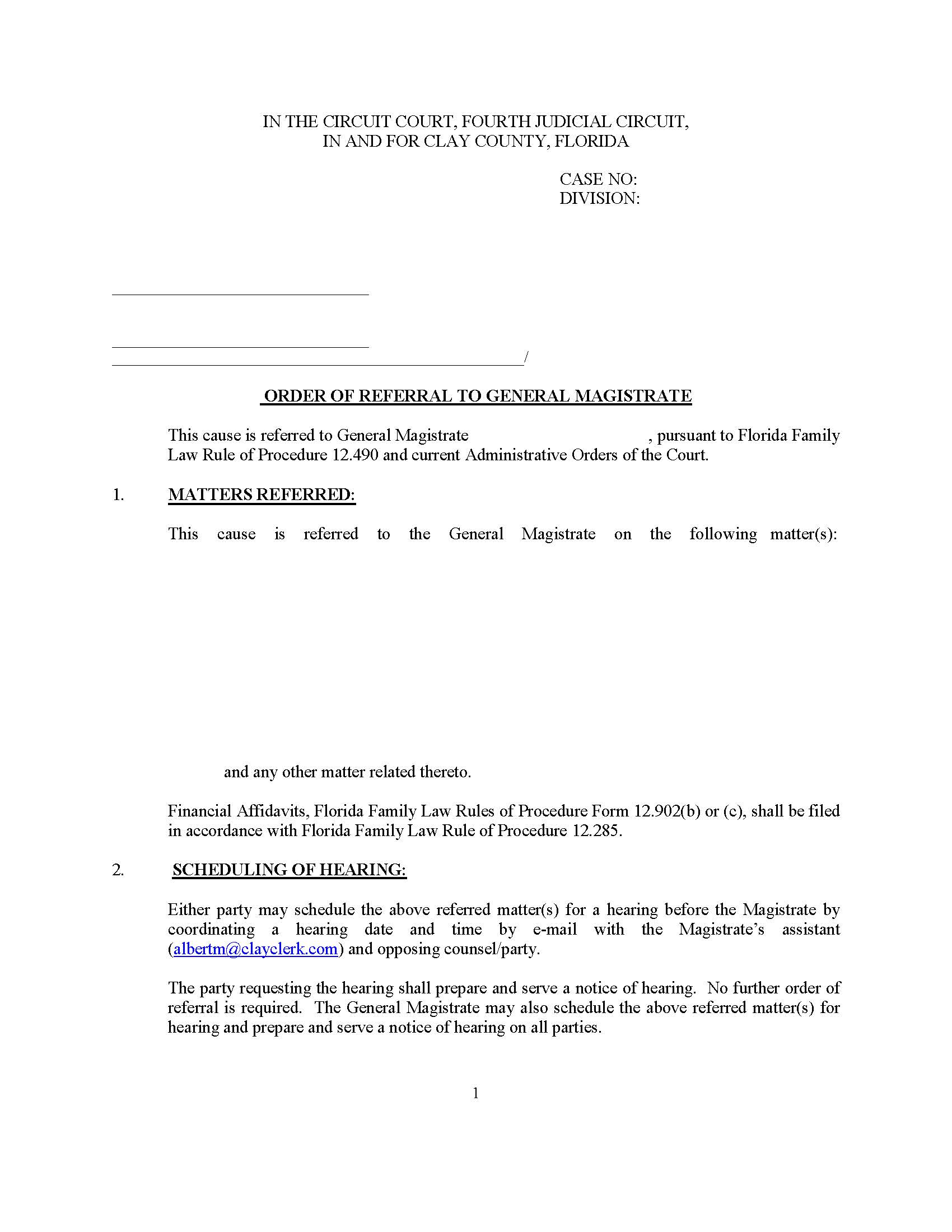Order Of Referral To General Magistrate (Family - GMs) | Pdf Fpdf Docx | Florida