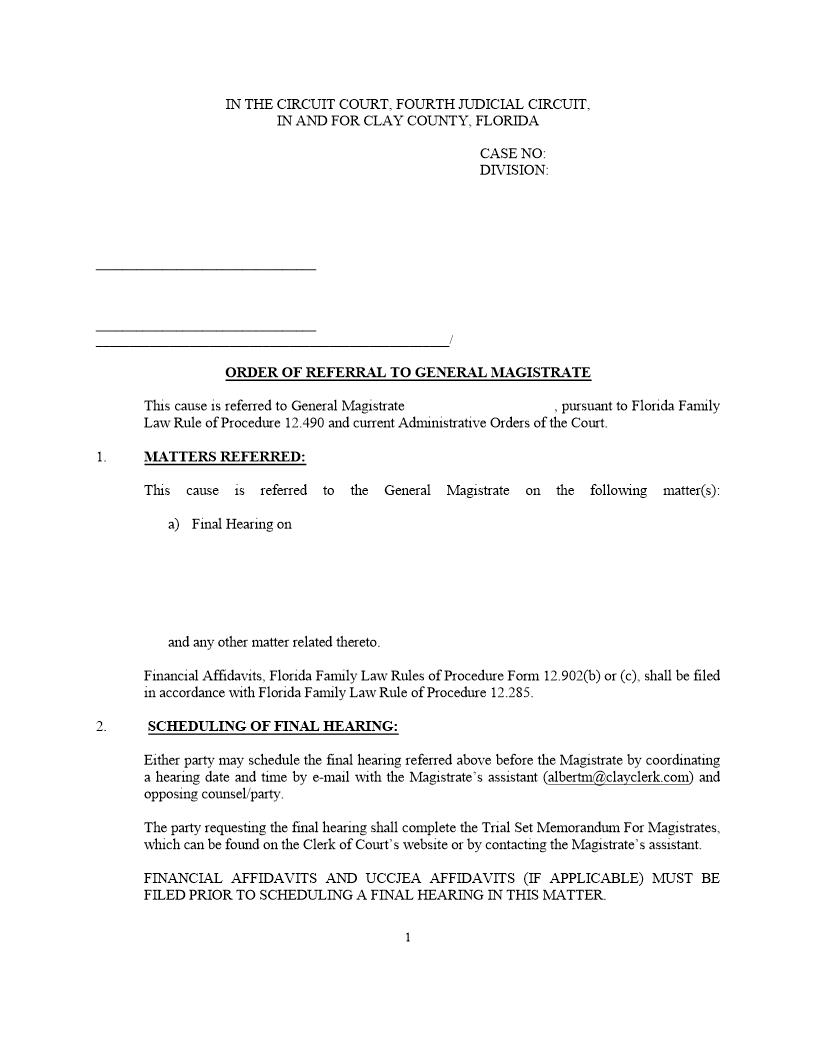 Order Of Referral To General Magistrate (Family - Misc GMs) | Pdf Fpdf Docx | Florida