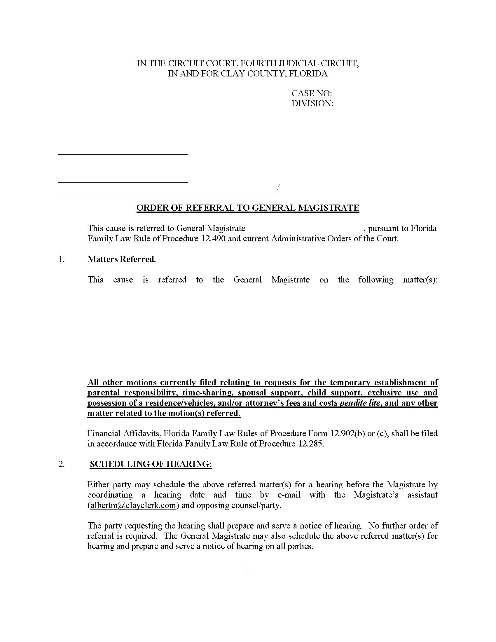 Order Of Referral To General Magistrate (Family - Needs GMs) | Pdf Fpdf Docx | Florida