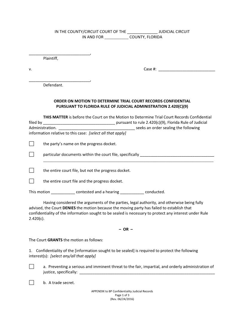 Order On Motion To Determine Trial Court Records Confidential | Pdf Fpdf Docx | Florida