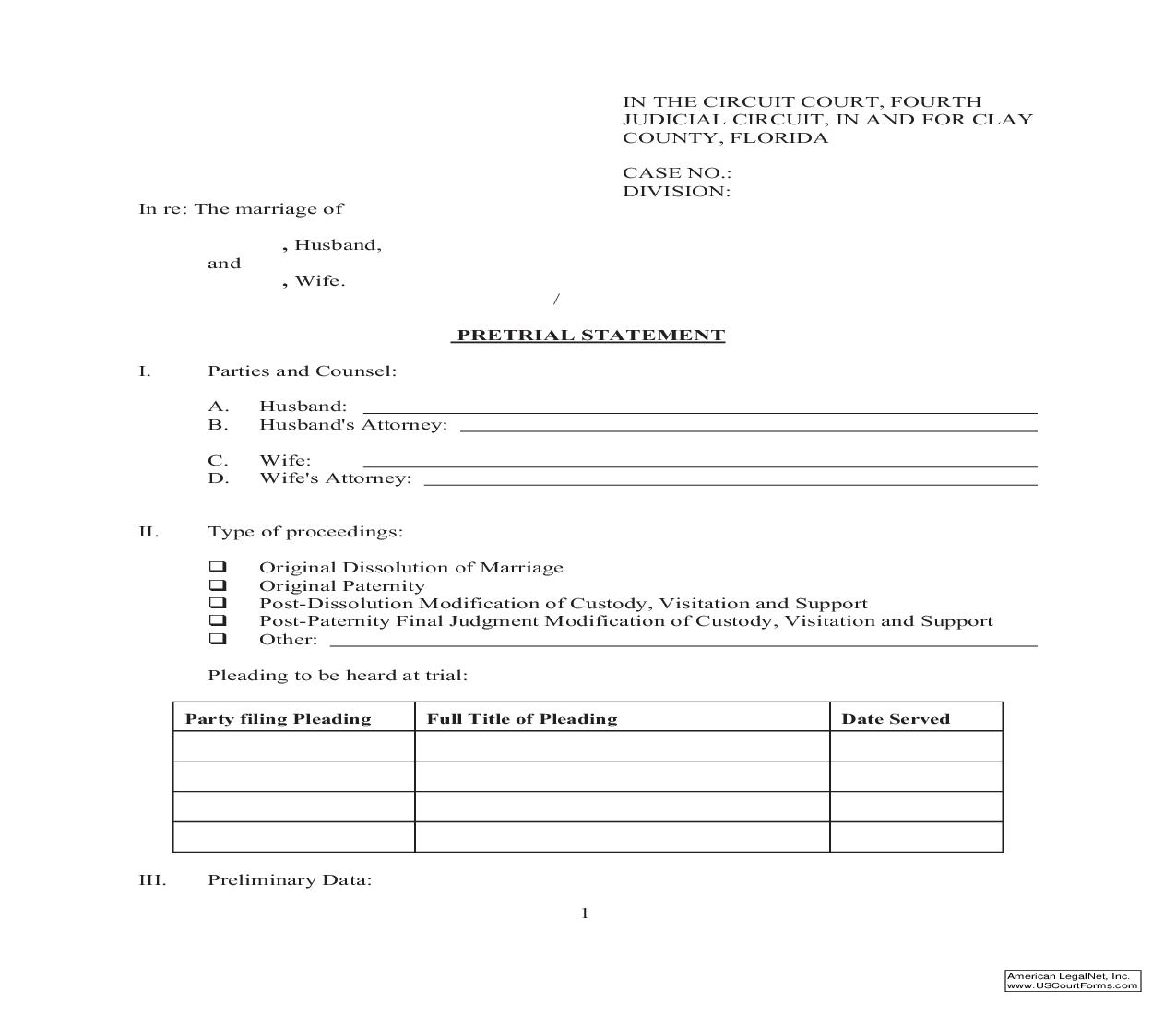 Pretrial Statement (Divorce) | Pdf Fpdf Doc Docx | Florida