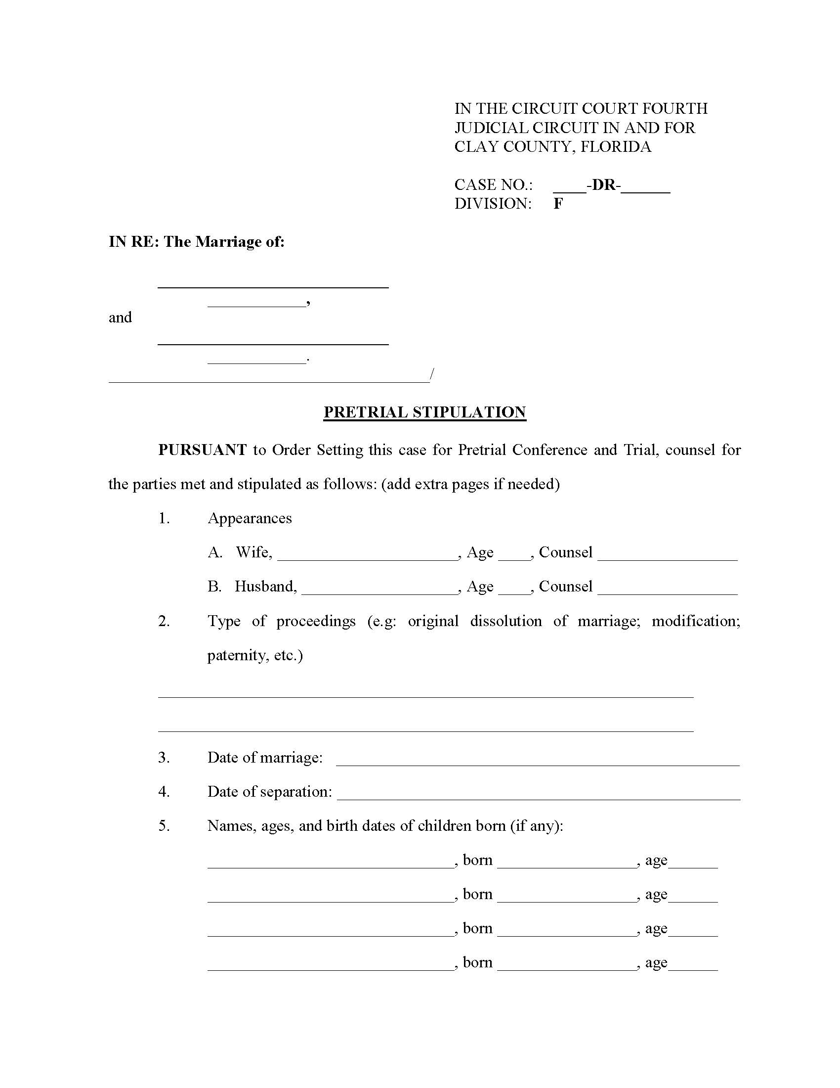 Pretrial Stipulation (Dissolution - Judge Wilkinson) | Pdf Fpdf Docx | Florida