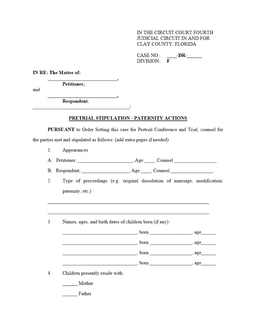 Pretrial Stipulation - Paternity Actions (Judge Wilkinson) | Pdf Fpdf Docx | Florida
