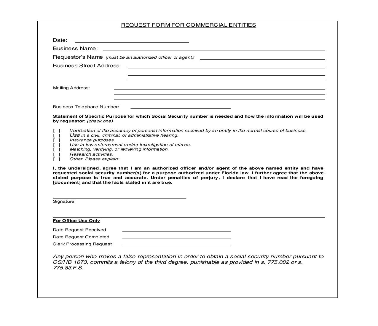 Request Form For Commercial Entities | Pdf Fpdf Doc Docx | Florida