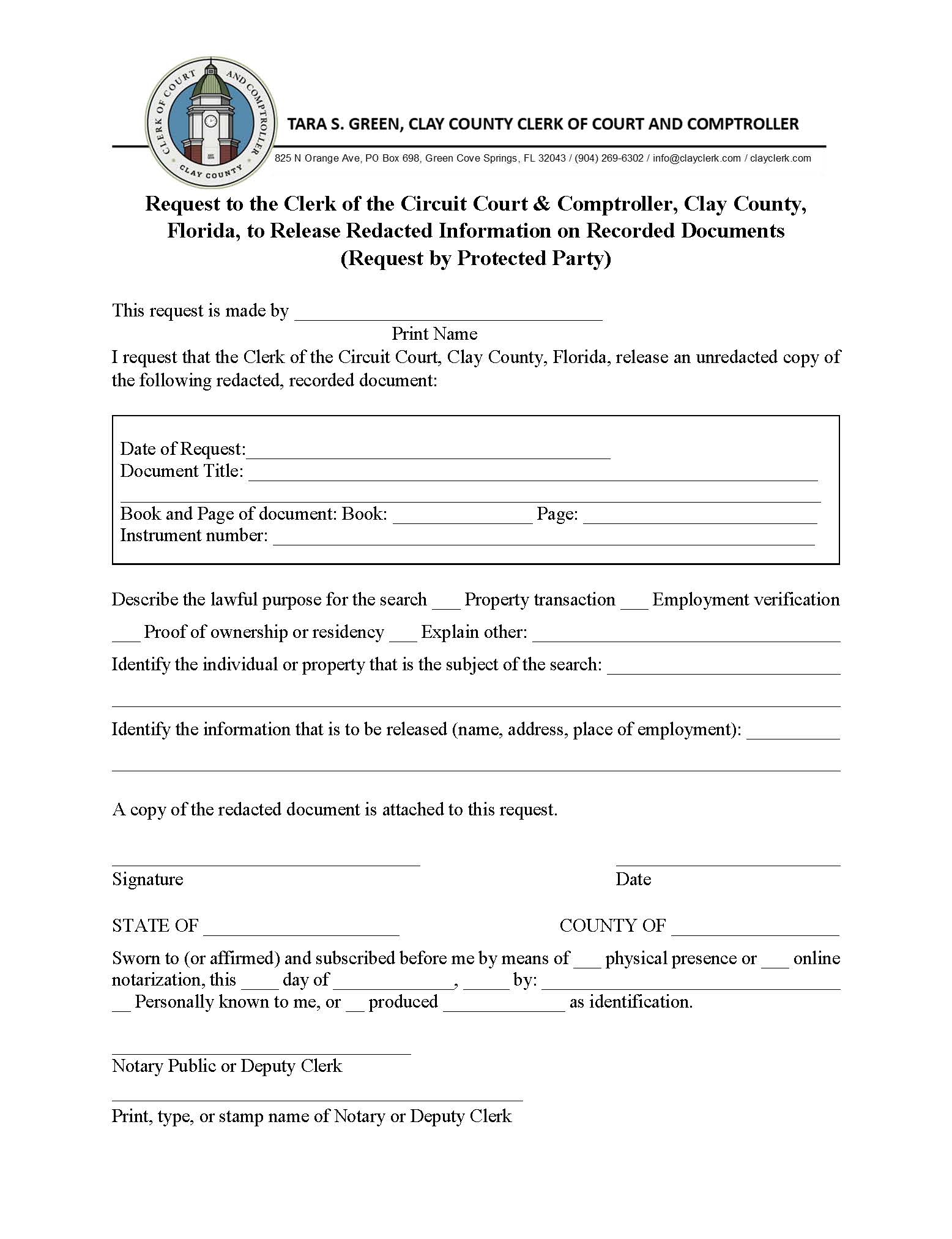 Request To Release Redacted Information On Recorded Documents Protected Party | Pdf Fpdf Docx | Florida