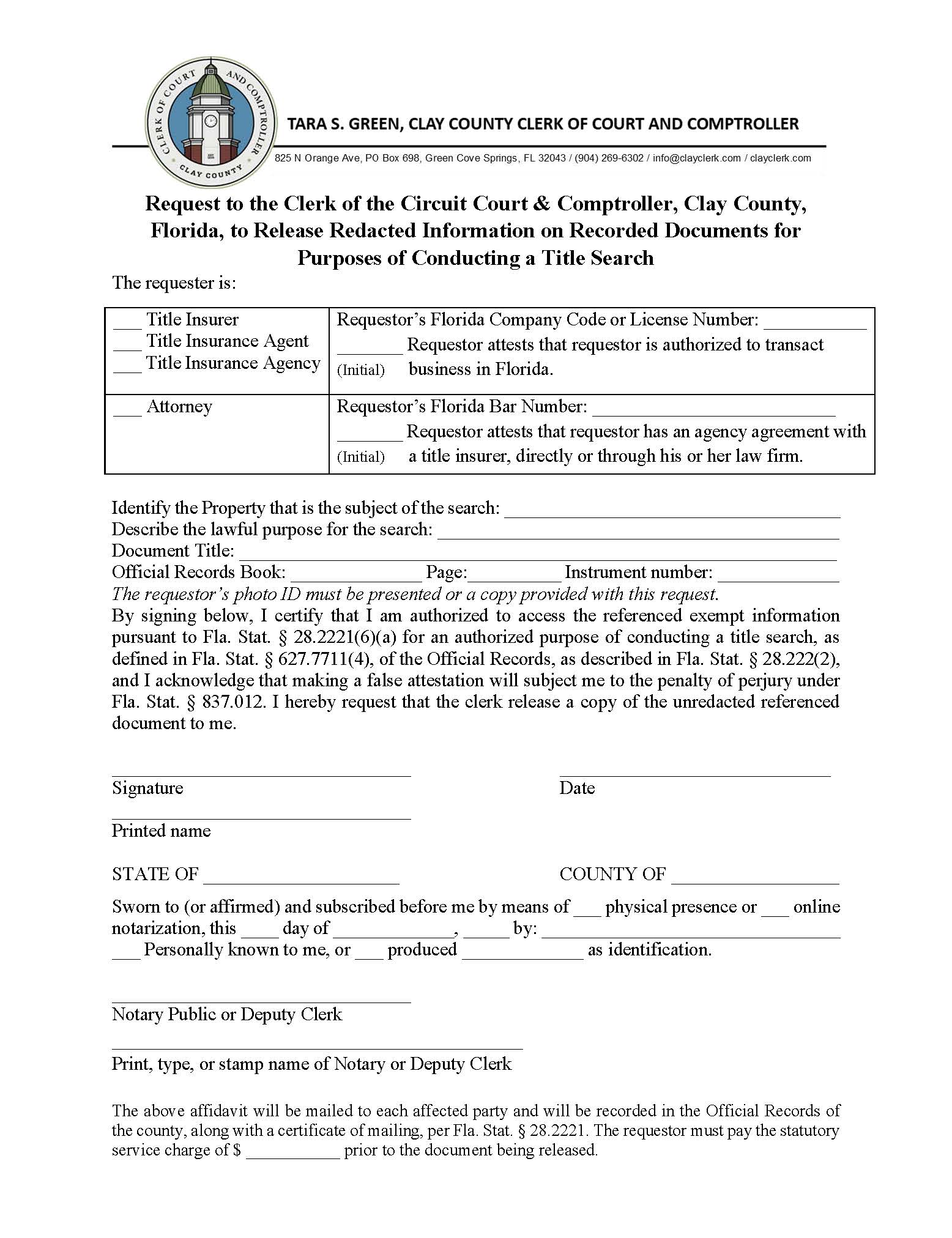 Request To Release Redacted Information On Recorded Documents Title Search | Pdf Fpdf Docx | Florida