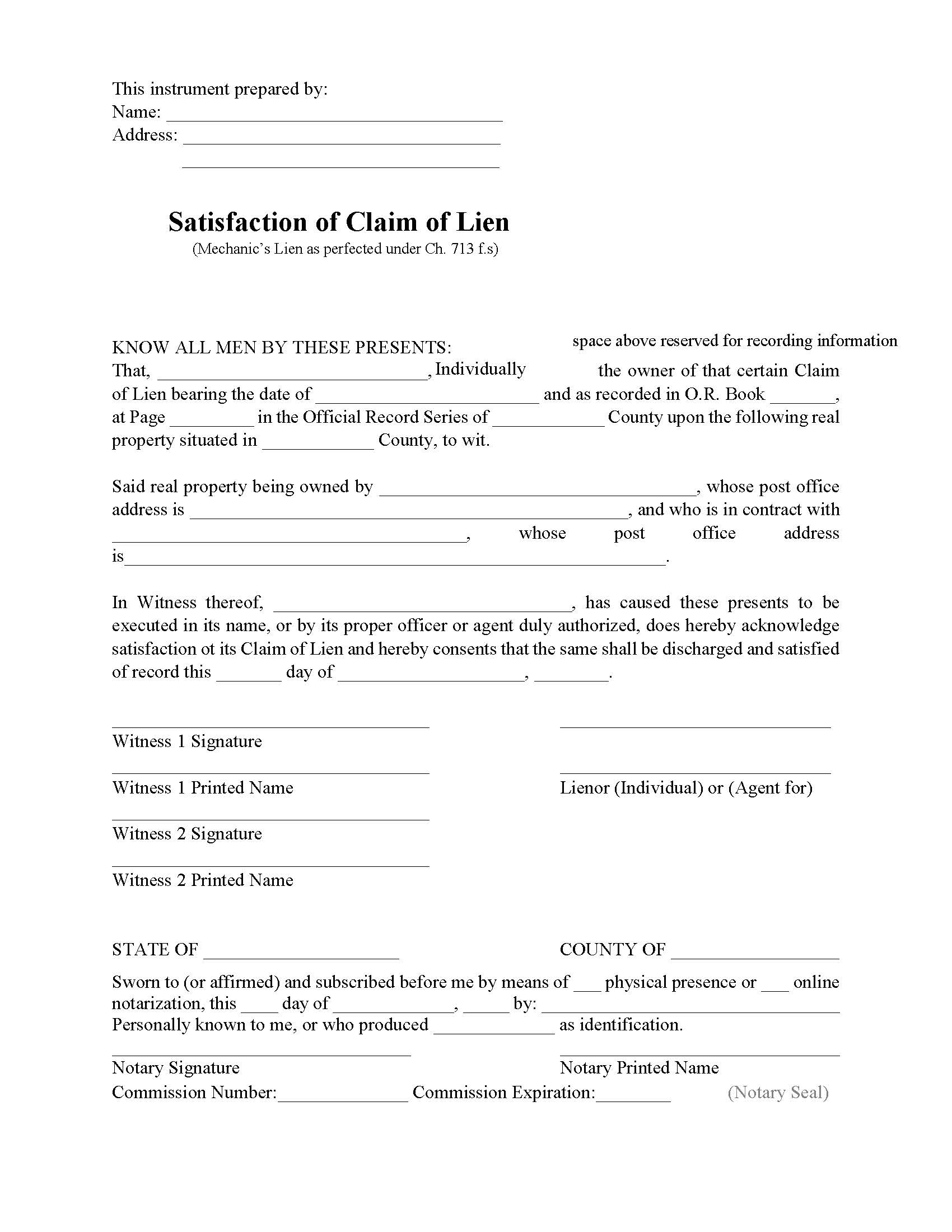 Satisfaction Of Claim Of Lien (Mechanics Lien) | Pdf Fpdf Docx | Florida