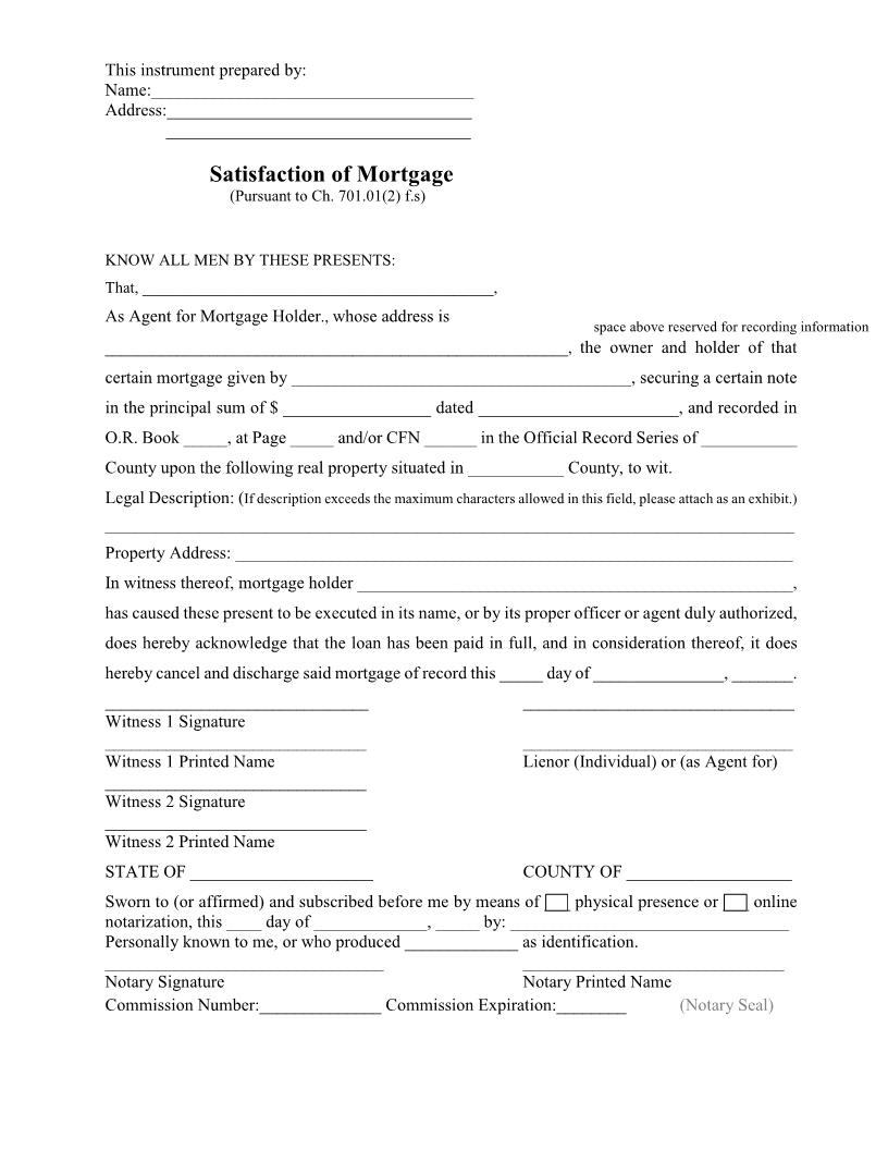 Satisfaction Of Mortgage | Pdf Fpdf Doc Docx | Florida