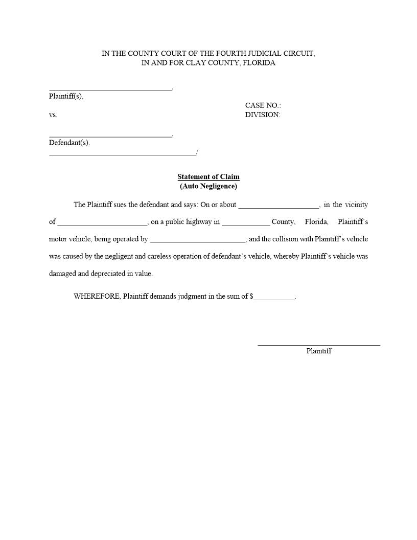 Statement Of Claim (Auto Negligence) {CIT-SC-AN} | Pdf Fpdf Docx | Florida