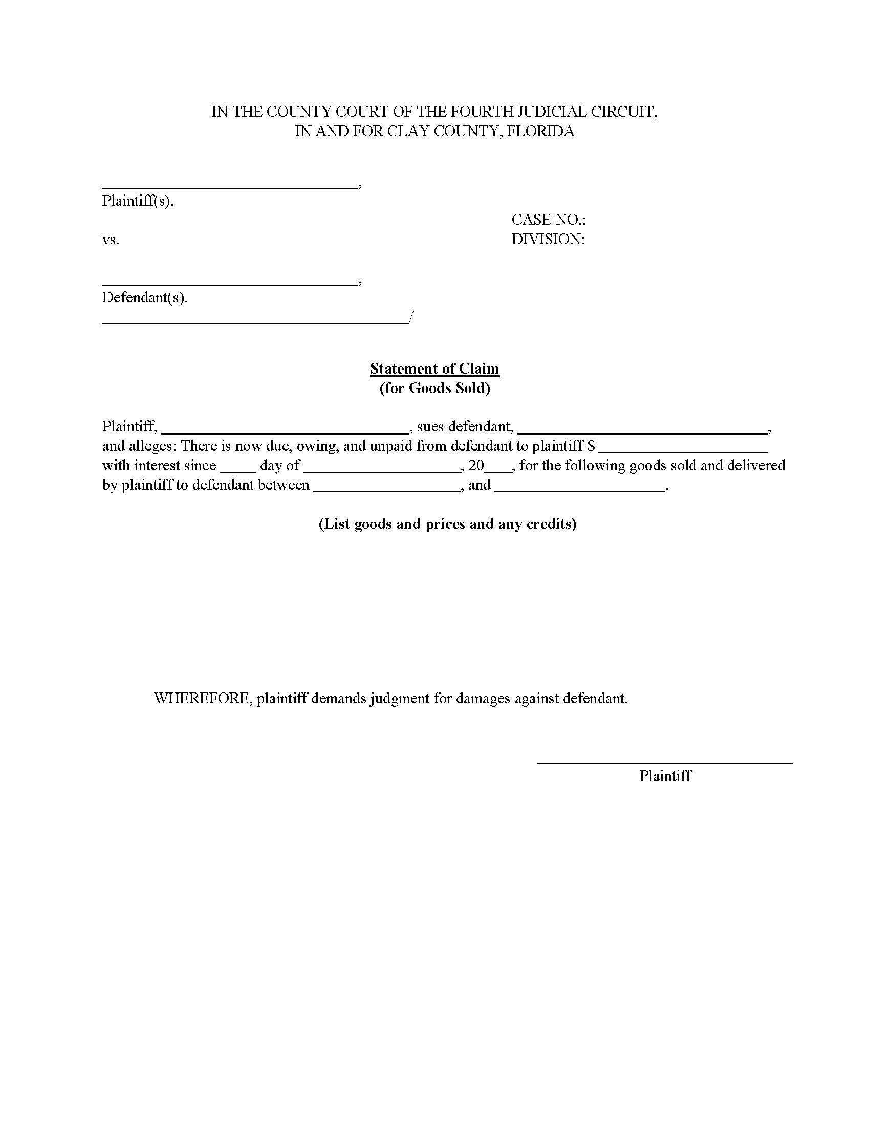 Statement Of Claim (For Goods Sold) {CIT-SC-GS} | Pdf Fpdf Docx | Florida