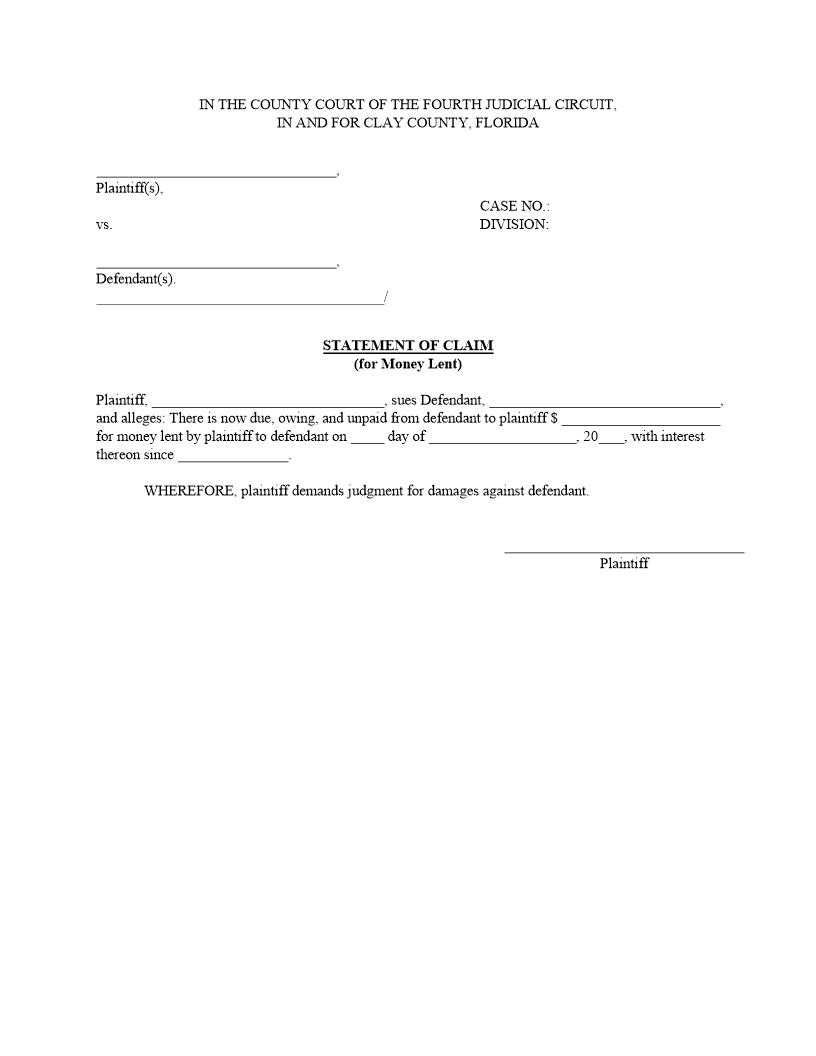 Statement Of Claim (For Money Lent) {CIT-SC-ML} | Pdf Fpdf Docx | Florida