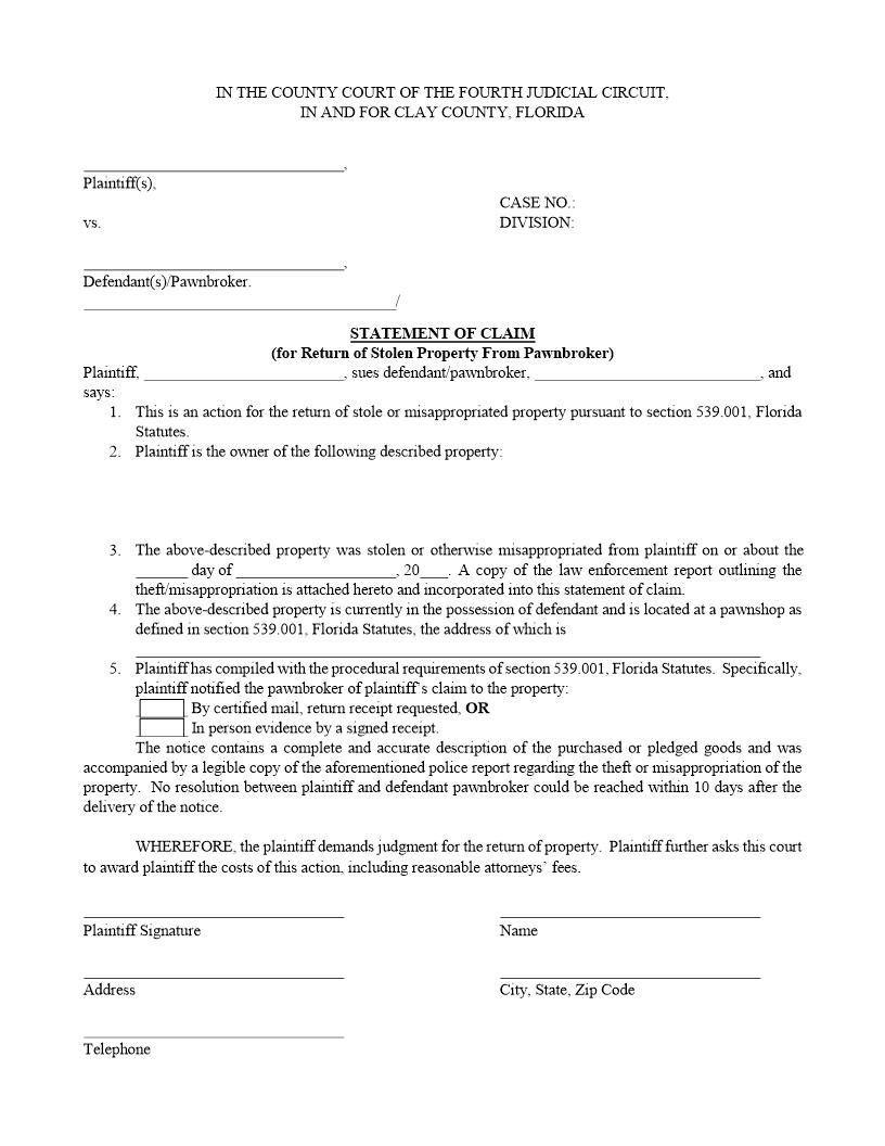 Statement Of Claim (For Return Of Stolen Property From Pawnbroker) {CIT-SC-PB} | Pdf Fpdf Docx | Florida