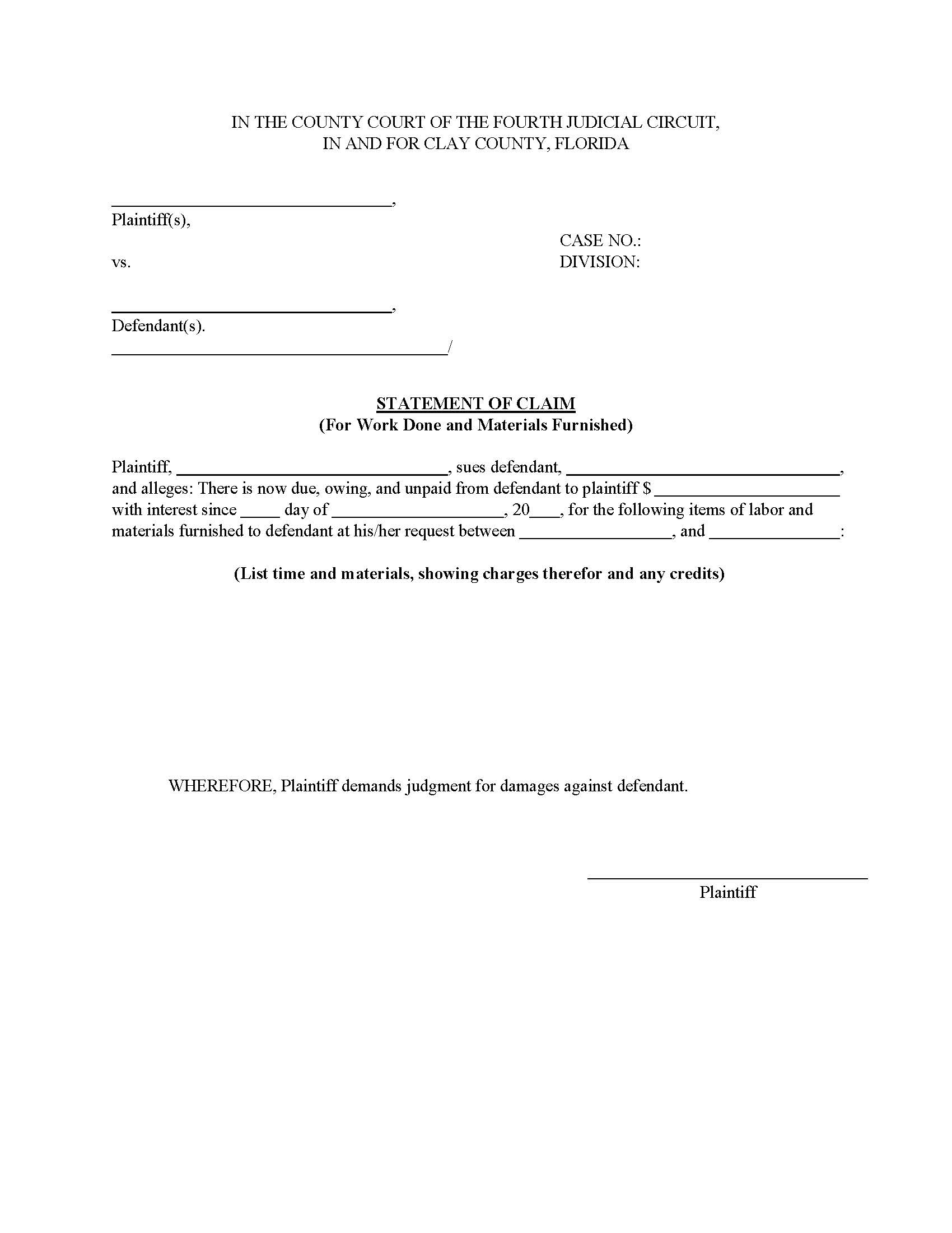 Statement Of Claim (For Work Done And Materials Furnished) {CIT-SC-W} | Pdf Fpdf Docx | Florida