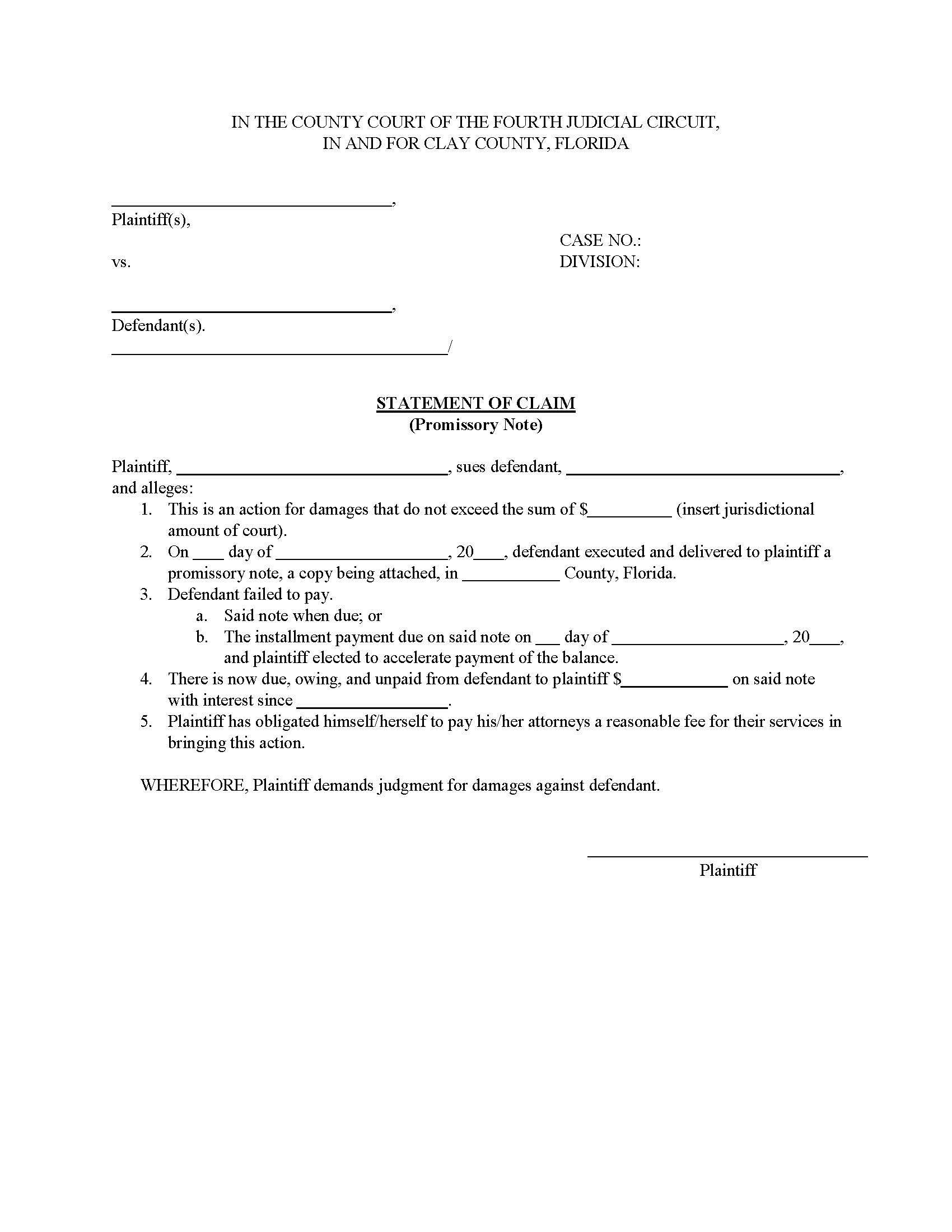 Statement Of Claim (Promissory Note) {CIT-SC-PN} | Pdf Fpdf Docx | Florida