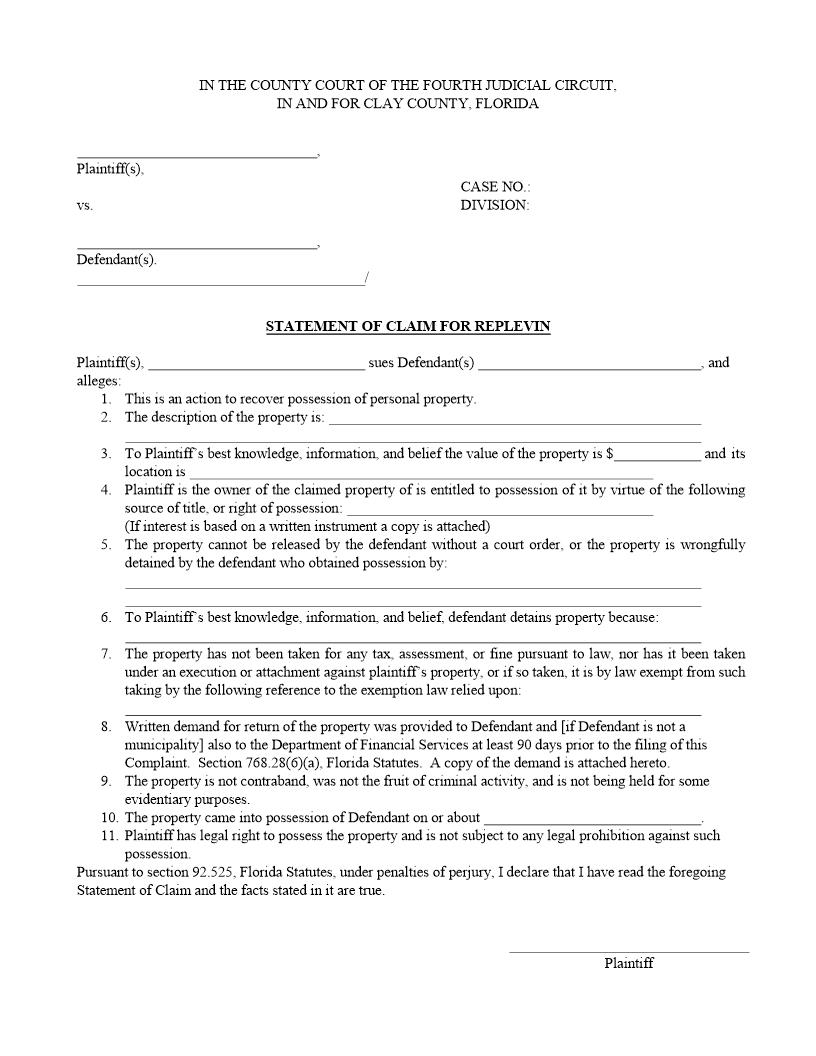 Statement Of Claim For Replevin {CIT-SC-R} | Pdf Fpdf Docx | Florida