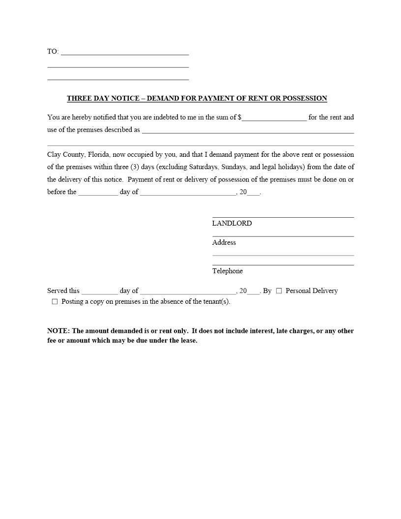 Three Day Notice Demand For Payment Of Rent Or Possession | Pdf Fpdf Doc Docx | Florida