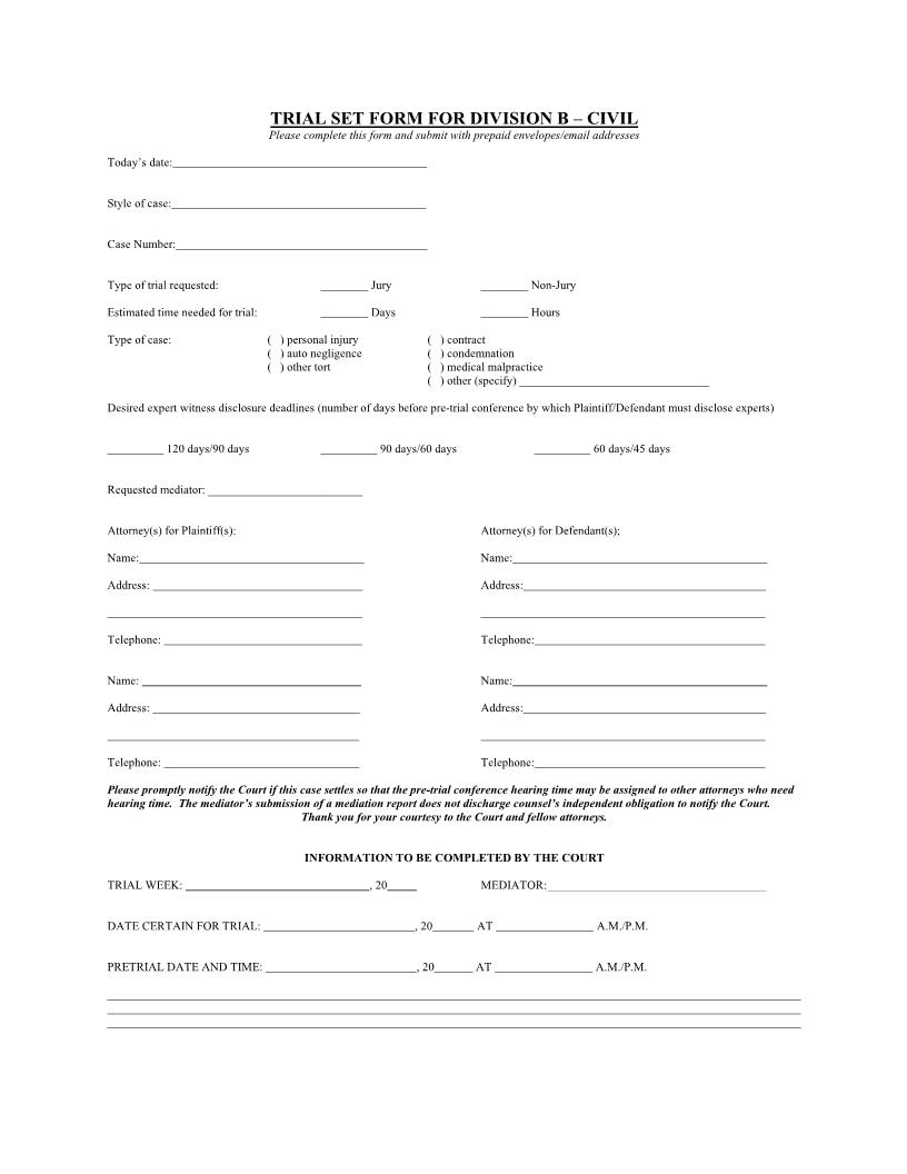 Trial Set Form For Division B - Civil | Pdf Fpdf Docx | Florida