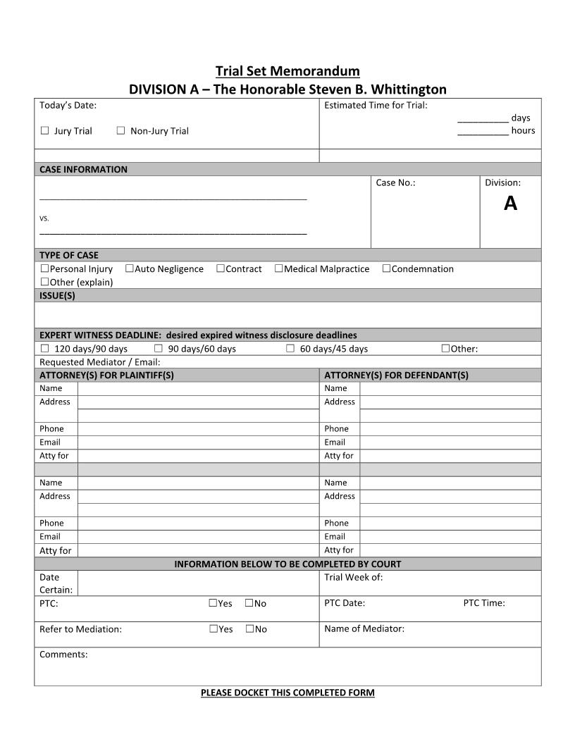 Trial Set Memorandum (Division A Judge Whittington) | Pdf Fpdf Docx | Florida
