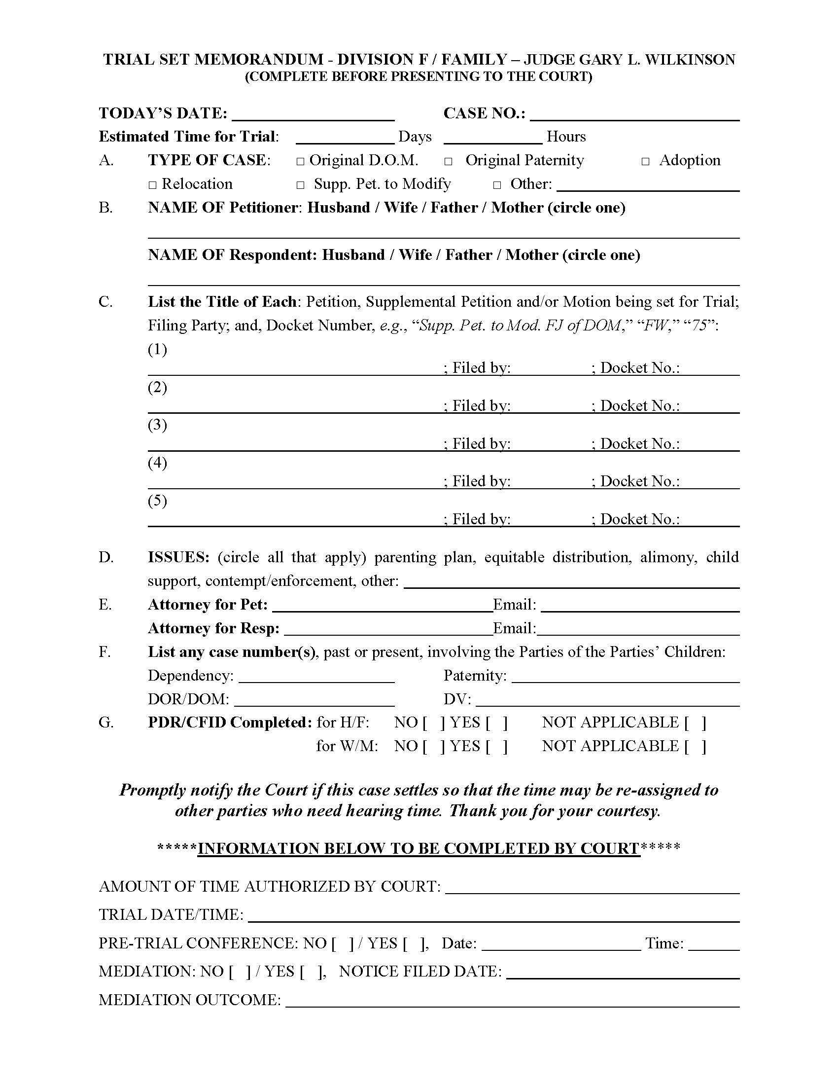 Trial Set Memorandum (Division F Judge Wilkinson) | Pdf Fpdf Docx | Florida