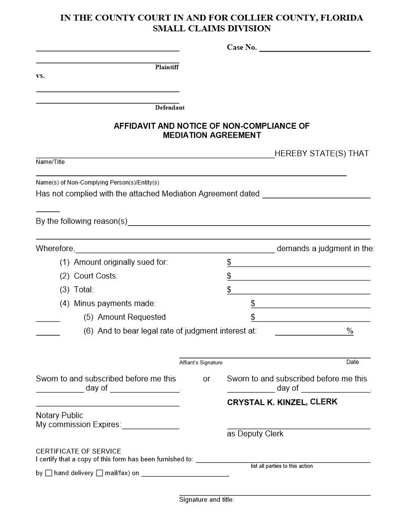 Affidavit And Notice Of Non-Compliance Of Mediation Agreement | Pdf Fpdf Docx | Florida