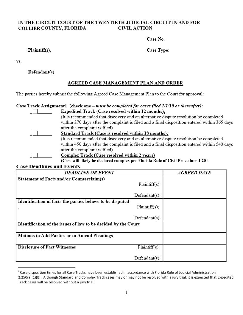 Agreed Case Management Plan And Order (Judge Brodie) | Pdf Fpdf Docx | Florida
