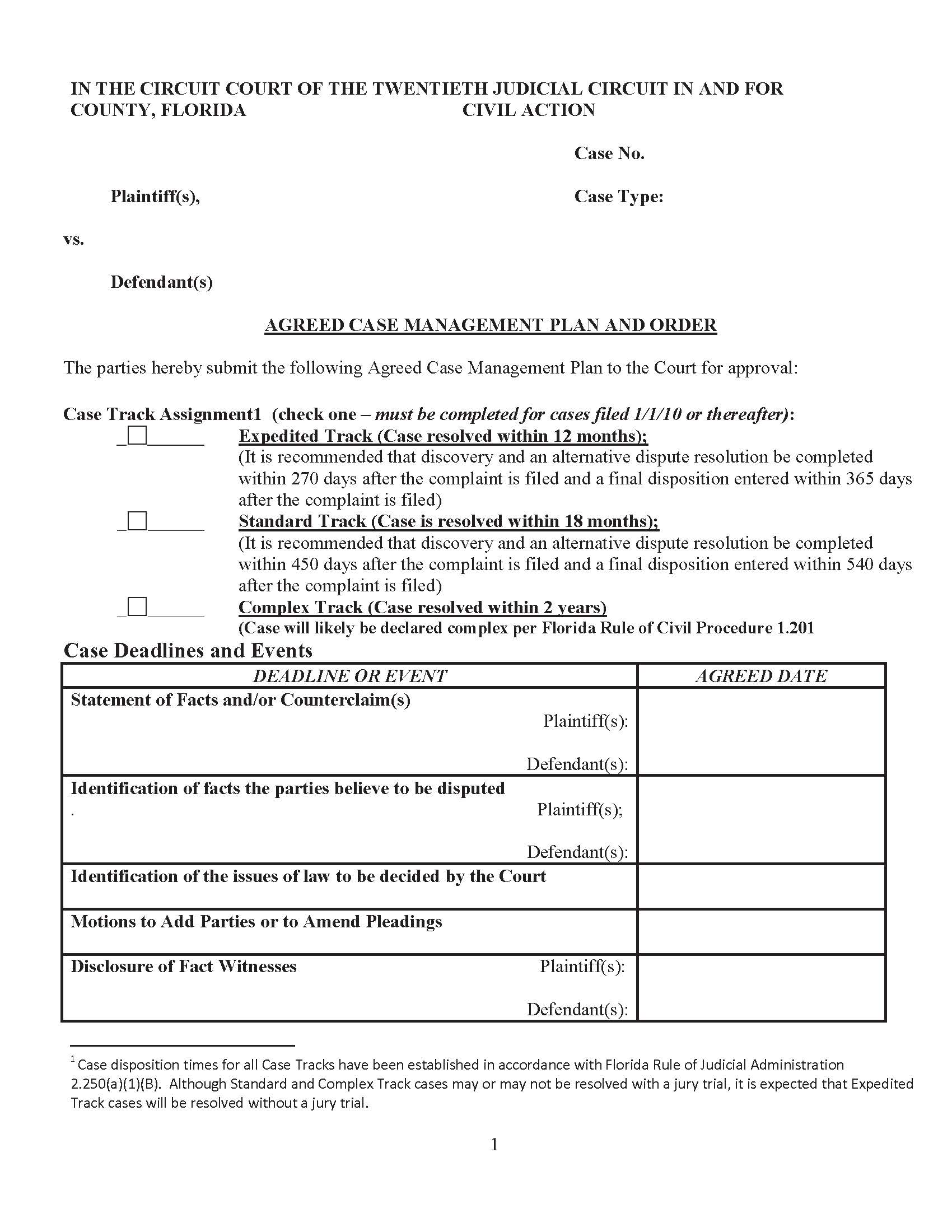 Agreed Case Management Plan And Order (Judge Hayes) | Pdf Fpdf Docx | Florida